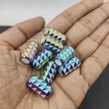 Plated Printed Premium Glass Beads (10 Pieces) 20x10 MM Multicolor Hole 1 MM Cylinder For Jewellery Making Arts Crafts (#Design4)