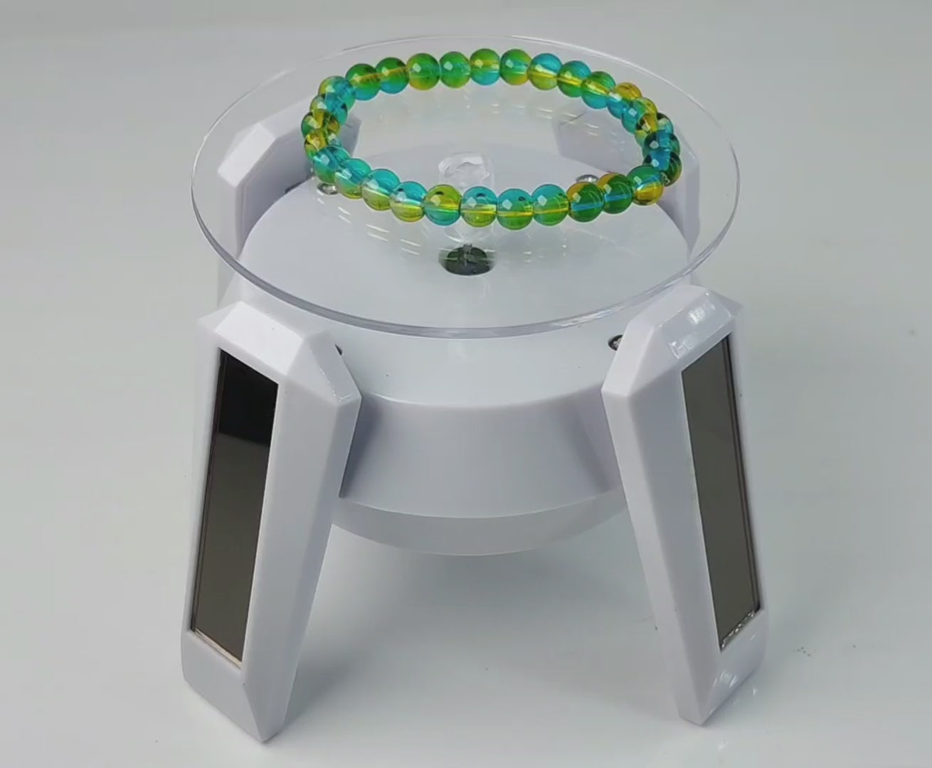 Solar & Battery Power 360 Degree Rotating Display Stands (1 PC) White Color 5x3 Inch Plate Dia 3.25 Inch For Watches Jewellery Bracelets Rings Phones