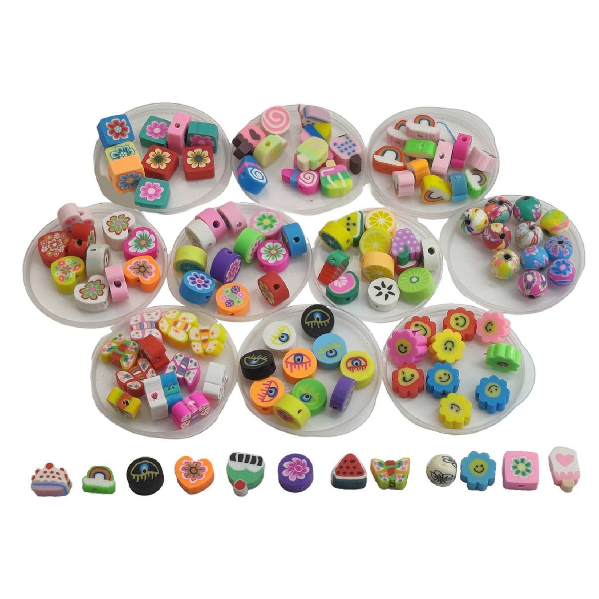 Polymer Clay Beads 8 to 14 MM (10 Themes, 40+ Styles, 200 Pieces) Hole:1 to 1.6 MM Range Mixed Shapes Multicolor For Jewellery Making Kids DIY Arts Crafts [ac-bds-00126-combo1]