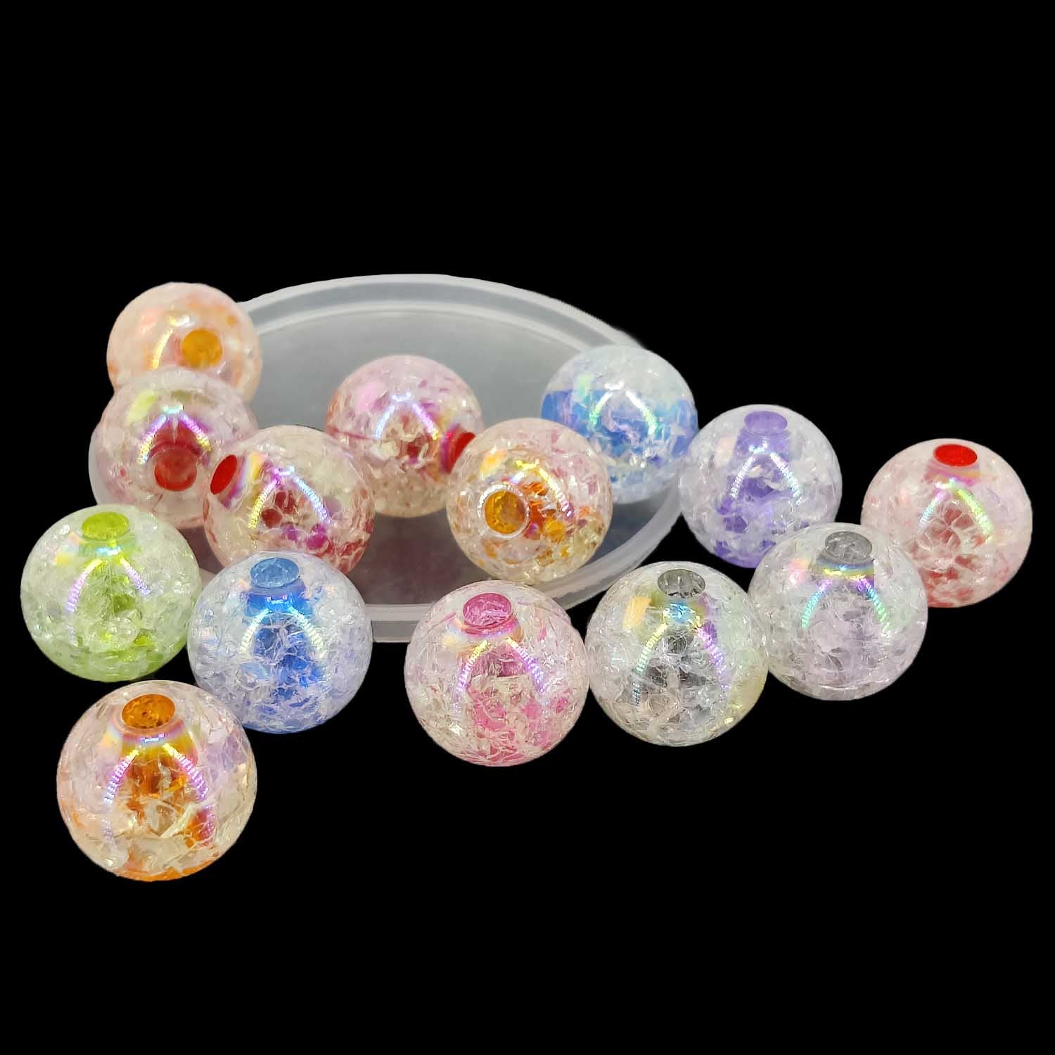 Acrylic Beads Shiny Crackle Style 16 MM (50 GMs, 22-24 Beads) 4 MM Hole Round Mixed Colors For Bracelets Jewellery Making DIY Crafts [ac-bds-00127-m43]