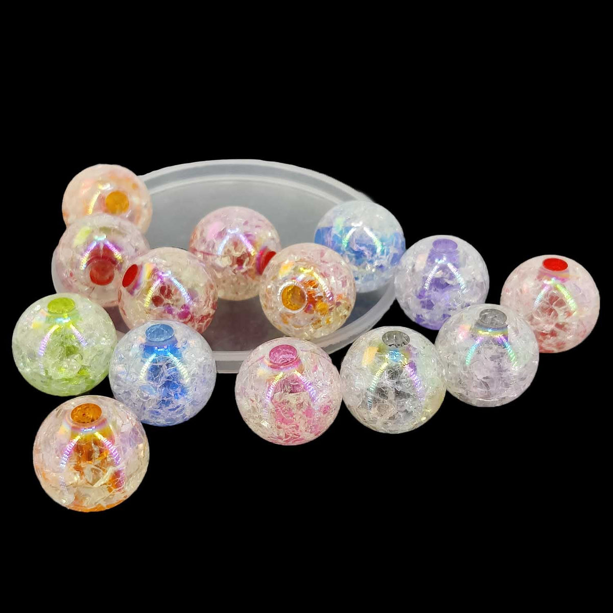 Acrylic Beads Shiny Crackle Style 16 MM (50 GMs, 22-24 Beads) 4 MM Hole Round Mixed Colors For Bracelets Jewellery Making DIY Crafts [ac-bds-00127-m43]