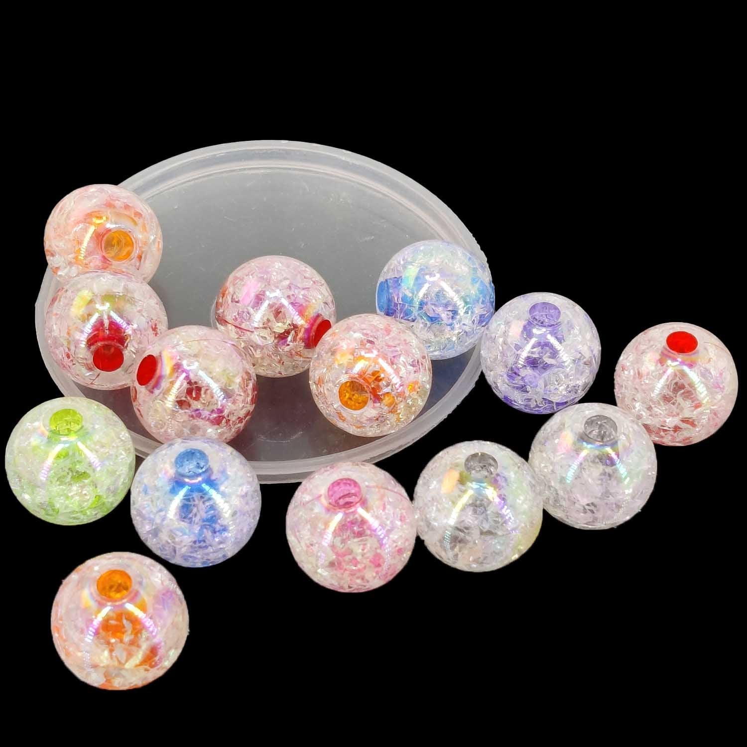 Acrylic Beads Shiny Crackle Style 16 MM (50 GMs, 22-24 Beads) 4 MM Hole Round Mixed Colors For Bracelets Jewellery Making DIY Crafts [ac-bds-00127-m43]