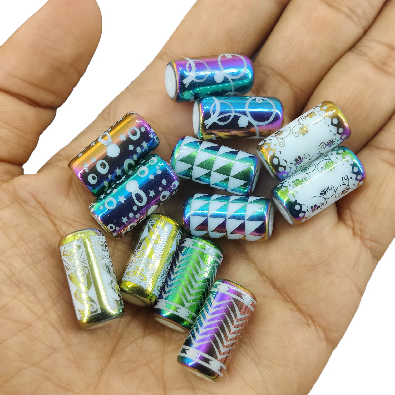 Plated Printed Glass Beads (10 Pieces, 5 Random Designs x 2 Pieces Each) 20x10 MM Multicolor Hole 1 MM Cylinder For Jewellery Making Arts Crafts