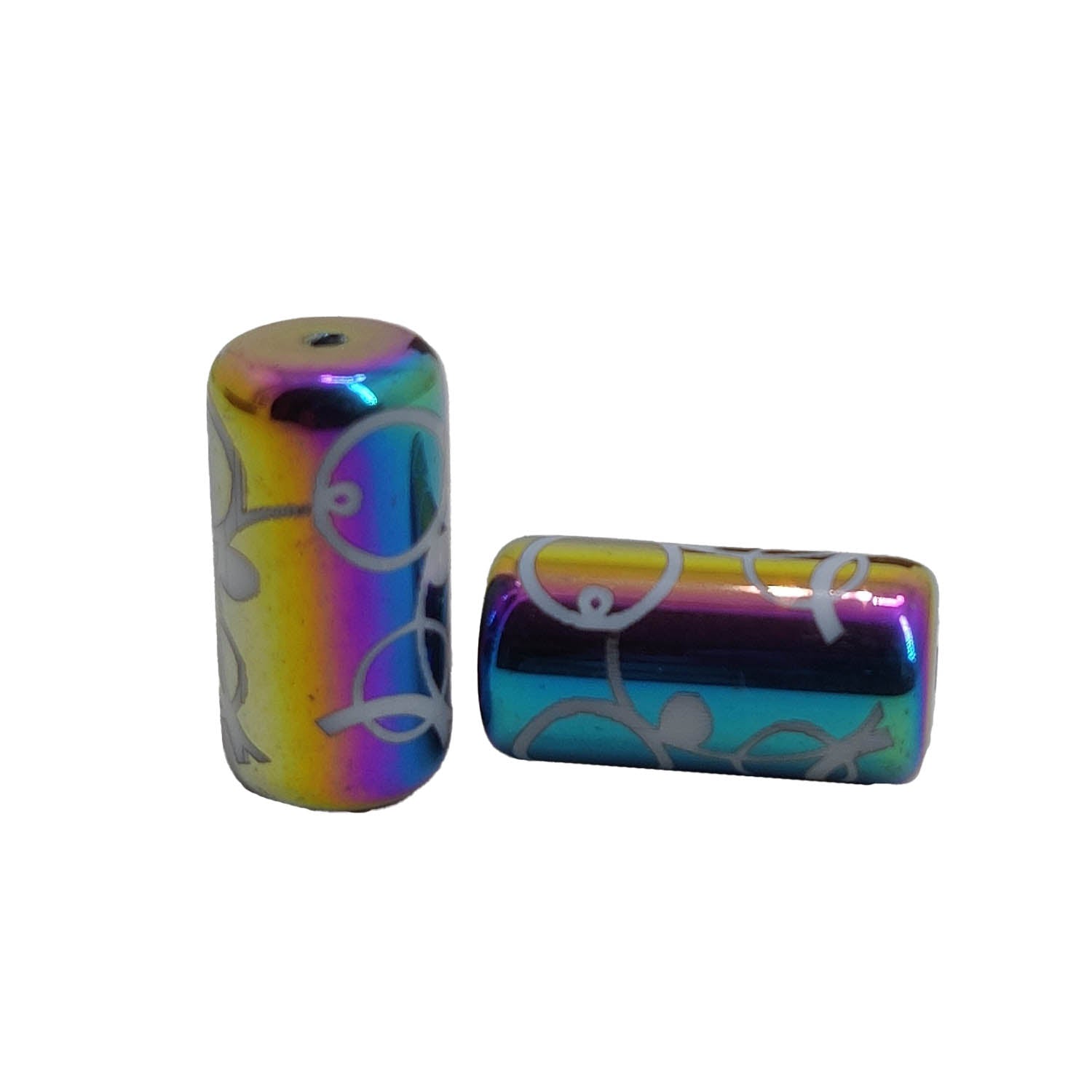 Plated Printed Glass Beads (10 Pieces, 5 Random Designs x 2 Pieces Each) 20x10 MM Multicolor Hole 1 MM Cylinder For Jewellery Making Arts Crafts