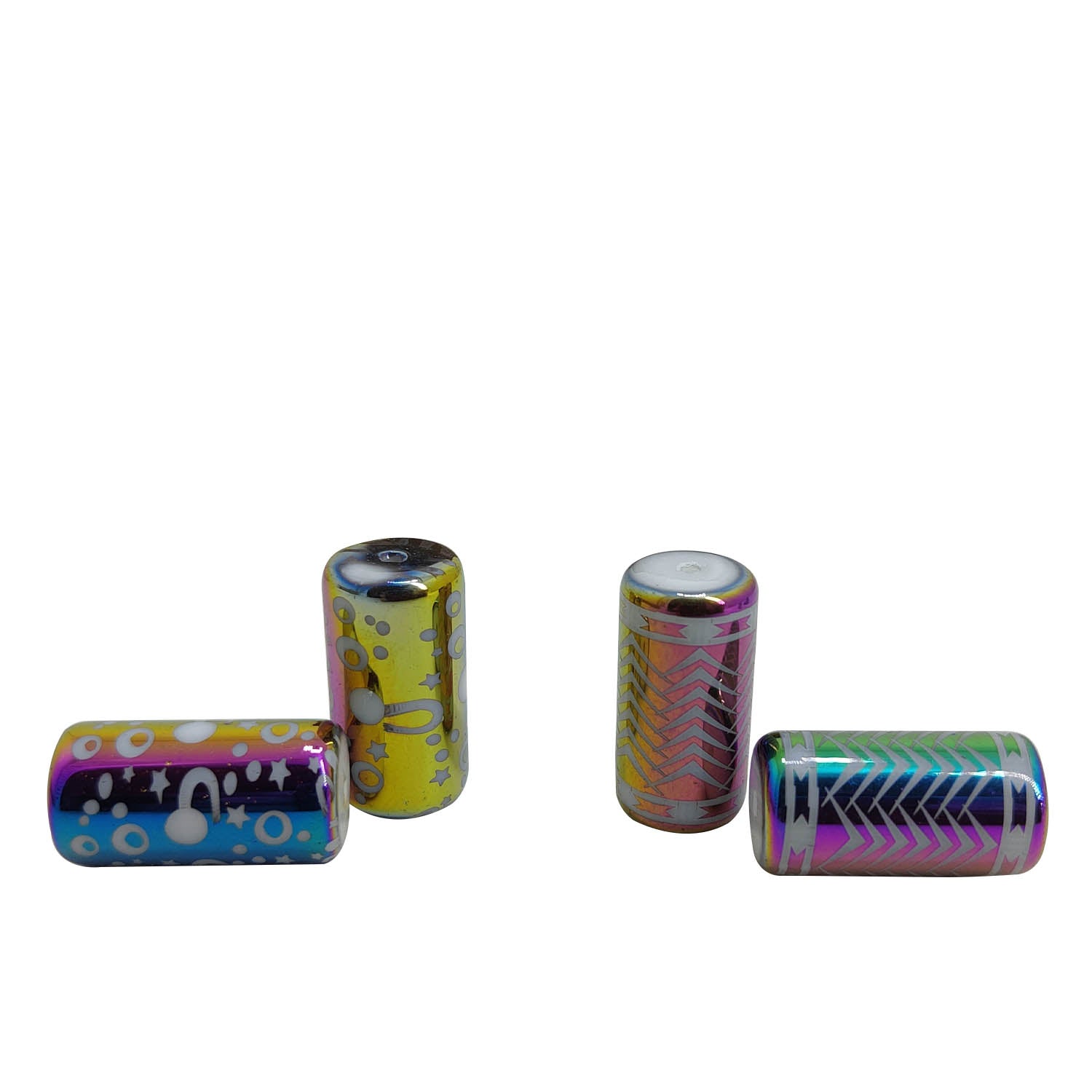 Plated Printed Glass Beads (10 Pieces, 5 Random Designs x 2 Pieces Each) 20x10 MM Multicolor Hole 1 MM Cylinder For Jewellery Making Arts Crafts