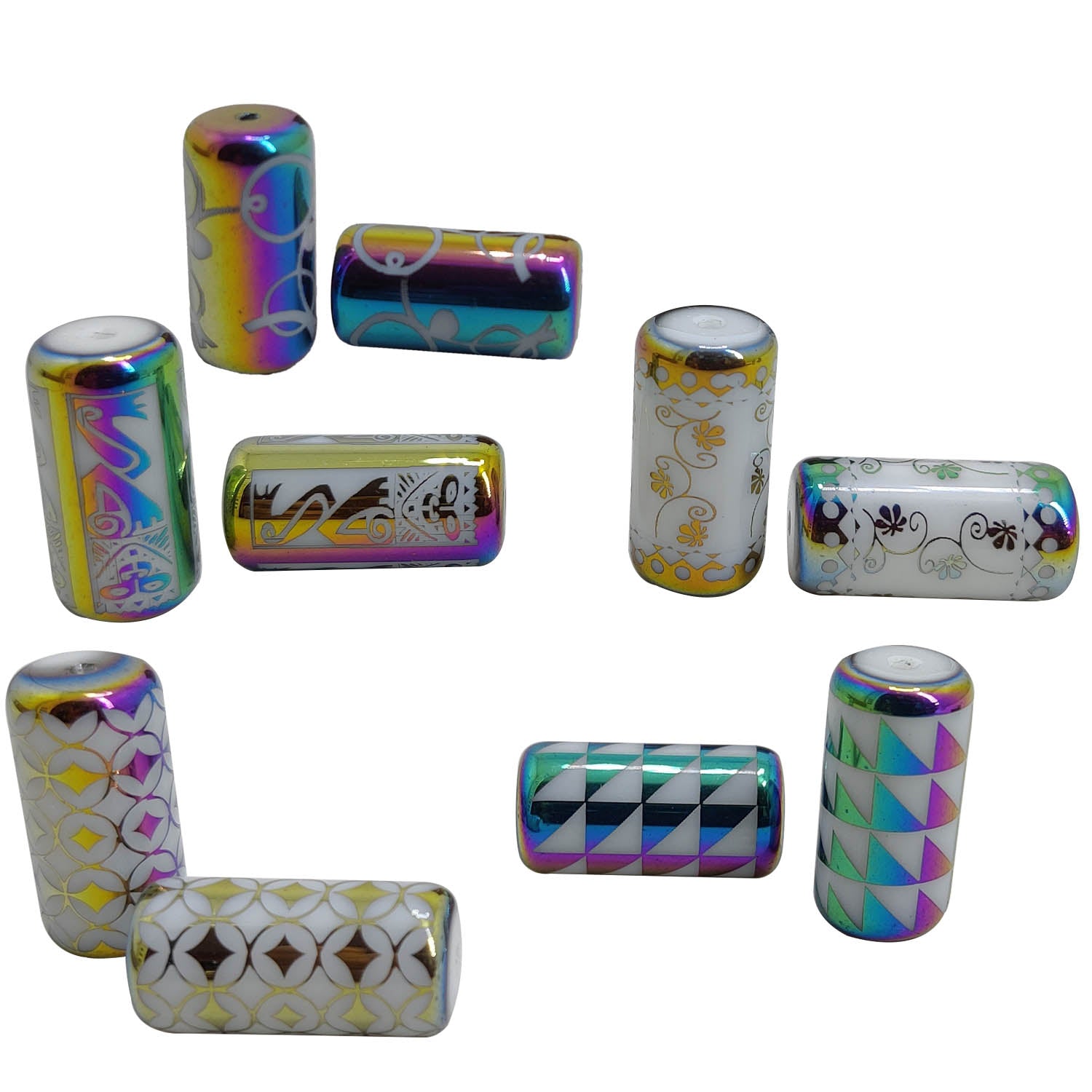 Plated Printed Glass Beads (10 Pieces, 5 Random Designs x 2 Pieces Each) 20x10 MM Multicolor Hole 1 MM Cylinder For Jewellery Making Arts Crafts