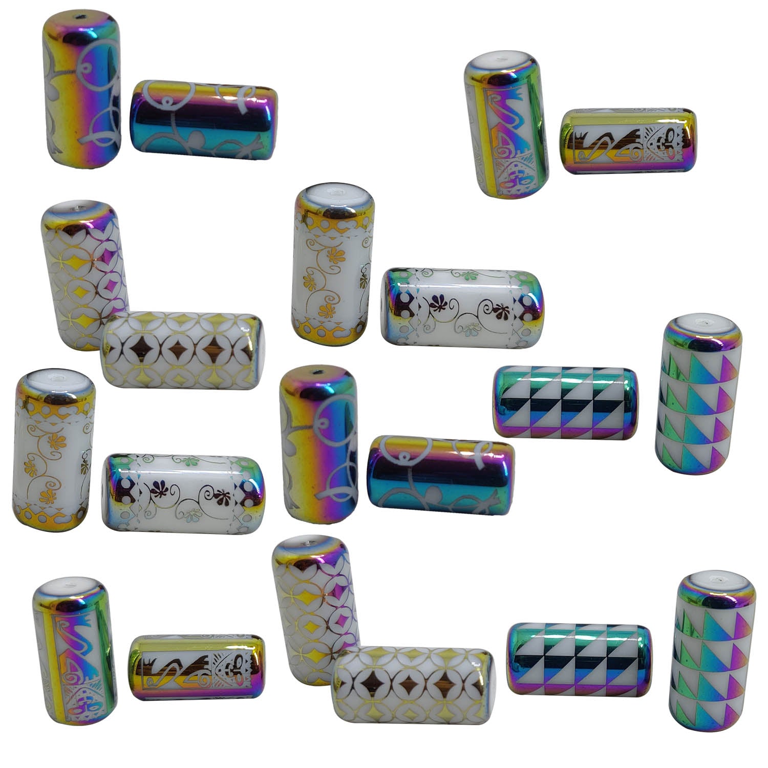 Plated Printed Glass Beads (10 Pieces, 5 Random Designs x 2 Pieces Each) 20x10 MM Multicolor Hole 1 MM Cylinder For Jewellery Making Arts Crafts