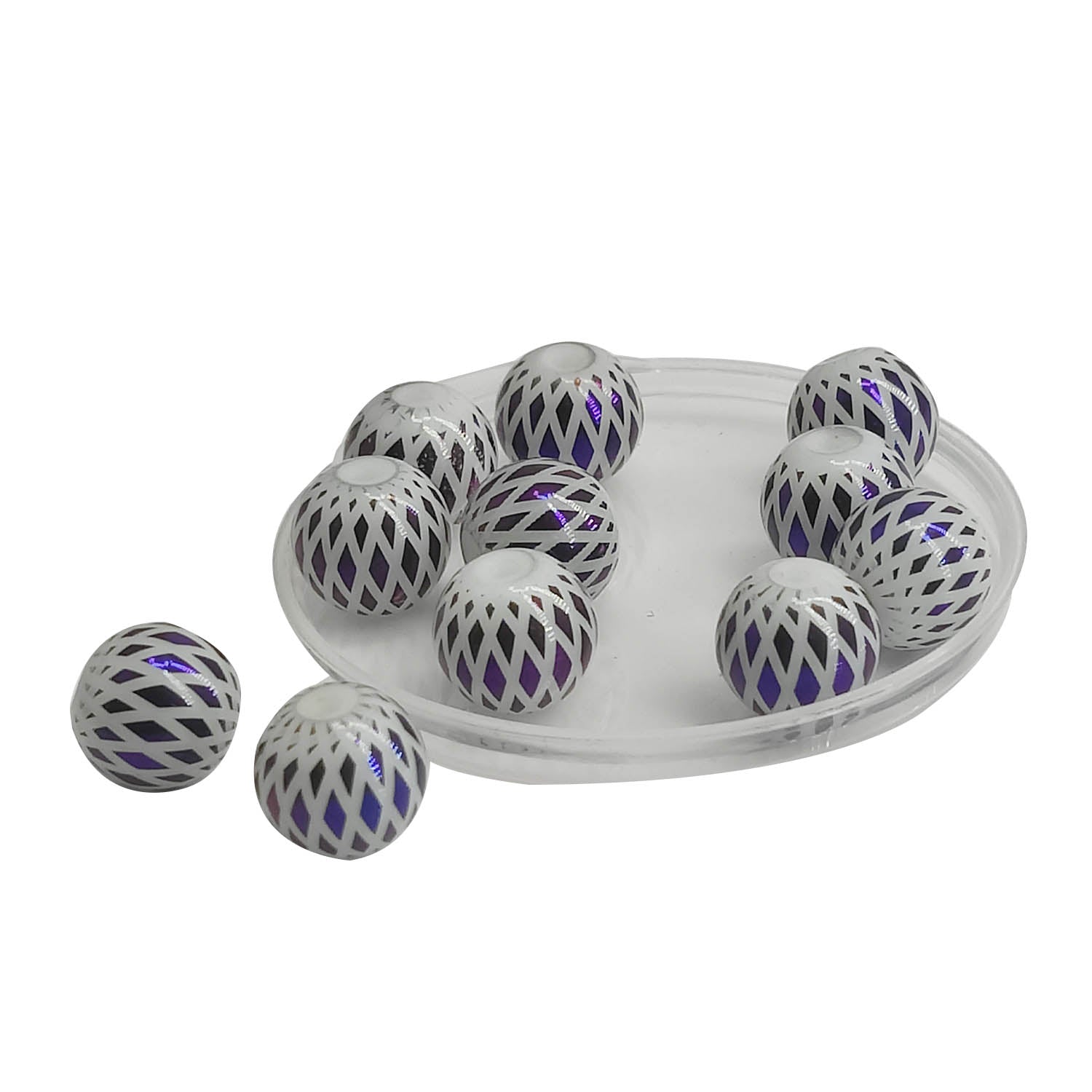 Premium Plated Rhombus Printed Glass Beads 8 MM (10 Pieces) Hole:1.5 MM Round Indigo Blue For Jewellery Making DIY Arts Crafts [ac-bds-00132-m6]