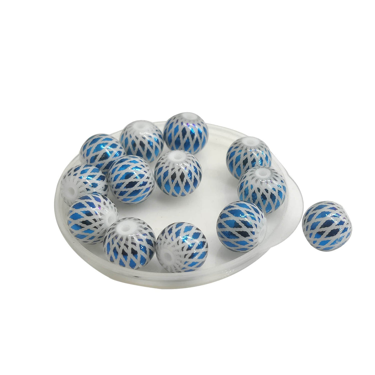 Premium Plated Rhombus Printed Glass Beads 8 MM (10 Pieces) Hole:1.5 MM Round Blue For Jewellery Making DIY Arts Crafts [ac-bds-00132-m7]