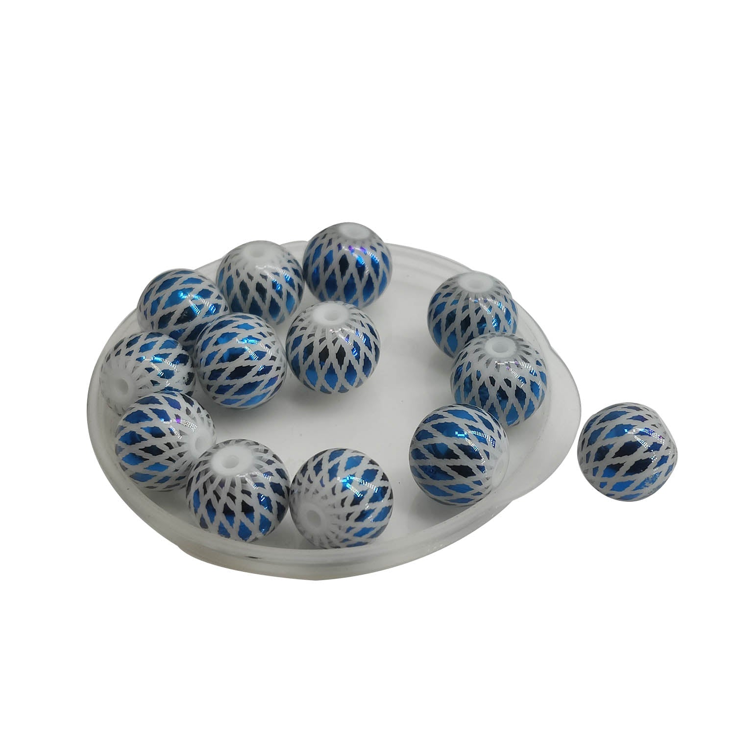 Premium Plated Rhombus Printed Glass Beads 8 MM (10 Pieces) Hole:1.5 MM Round Blue For Jewellery Making DIY Arts Crafts [ac-bds-00132-m7]