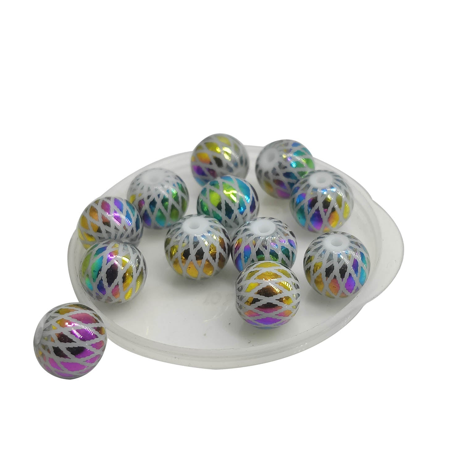 Premium Plated Rhombus Printed Glass Beads 8 MM (10 Pieces) Hole:1.5 MM Round Multicolor For Jewellery Making DIY Arts Crafts [ac-bds-00132-m8]