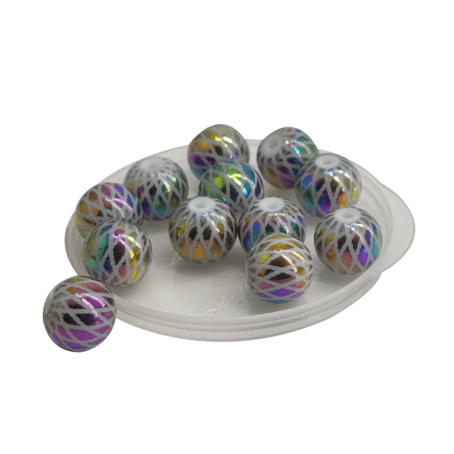 Premium Plated Rhombus Printed Glass Beads 8 MM (10 Pieces) Hole:1.5 MM Round Multicolor For Jewellery Making DIY Arts Crafts [ac-bds-00132-m8]