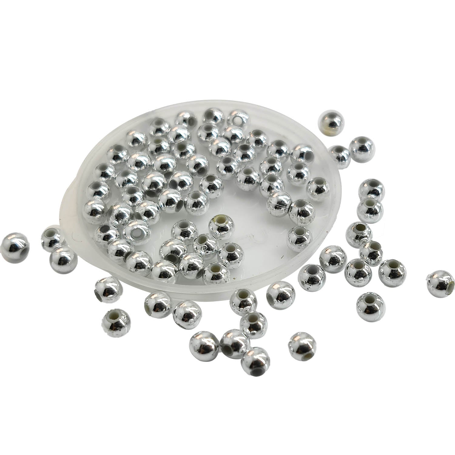 Plated ABS Plastic Beads 4 MM (700+ Beads, 25 GM Wt) Hole:1.3 MM Round Silver Color For Jewellery Making DIY Arts Crafts [ac-bds-00152-m1]