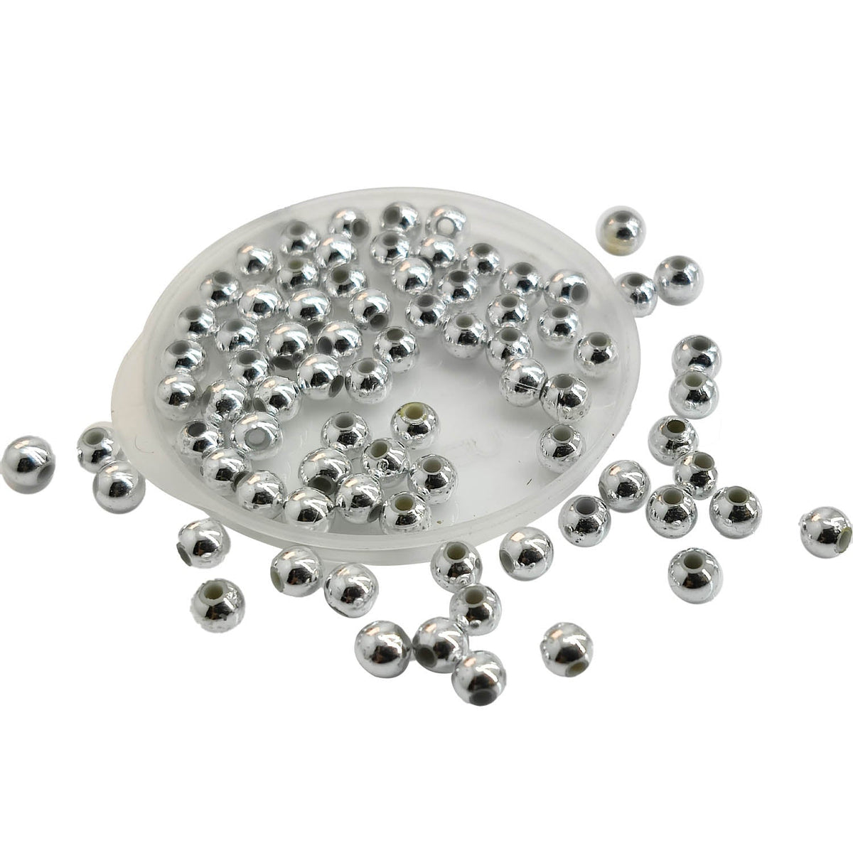 Plated ABS Plastic Beads 4 MM (700+ Beads, 25 GM Wt) Hole:1.3 MM Round Silver Color For Jewellery Making DIY Arts Crafts [ac-bds-00152-m1]