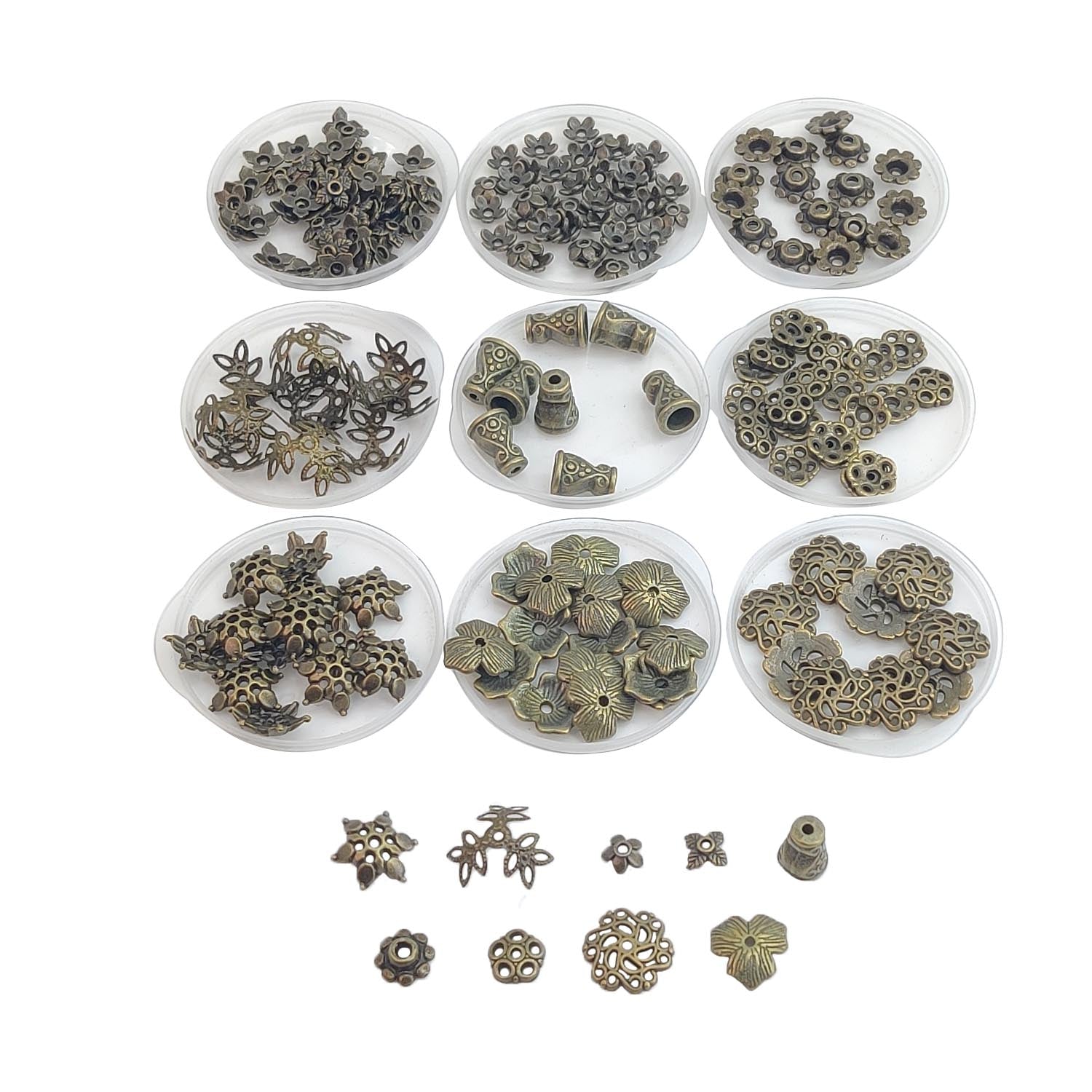 Alloy Bead Caps (50 Pieces, 8-9 Mixed Shapes and Sizes) Antique Bronze Color For Jewellery Making [ac-jwlsupp-00028-m14]
