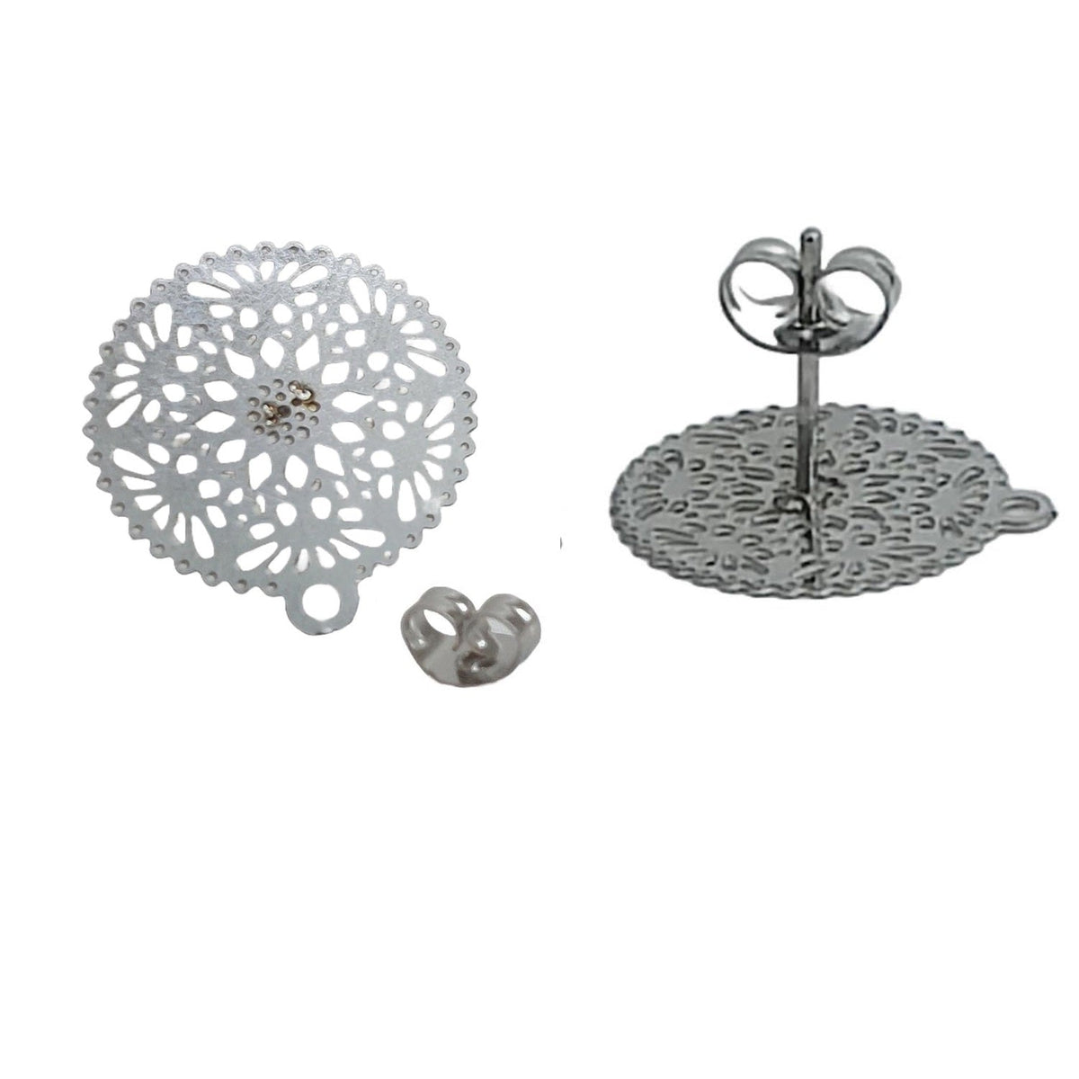 Tarnish Resistant 304-Stainless Steel Earring Studs Bases With Stoppers (4 Pieces) 15 MM Flower Silver Color For Jewellery Making [ac-jwlsupp-00047-m10]