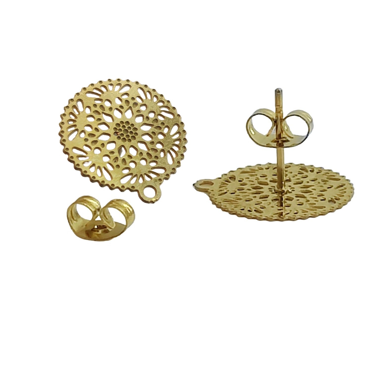 Tarnish Resistant 304-Stainless Steel Earring Studs Bases With Stoppers (4 Pieces) 15 MM Flower Gold Color For Jewellery Making [ac-jwlsupp-00047-m11]