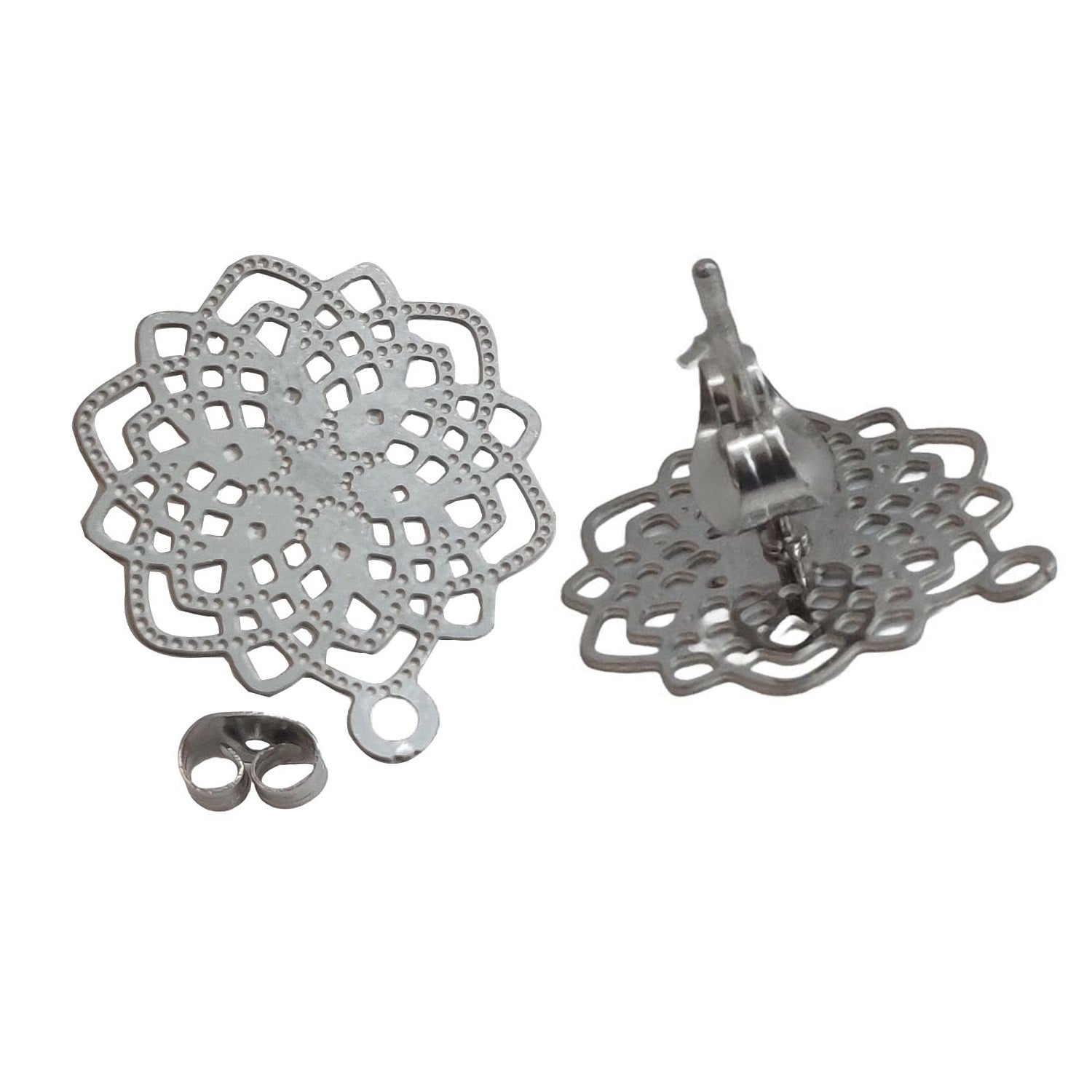 Tarnish Resistant 304-Stainless Steel Earring Studs Bases With Stoppers (4 Pieces) 15 MM Flower Silver Color For Jewellery Making [ac-jwlsupp-00047-m12]