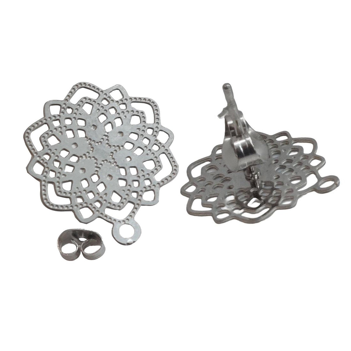 Tarnish Resistant 304-Stainless Steel Earring Studs Bases With Stoppers (4 Pieces) 15 MM Flower Silver Color For Jewellery Making [ac-jwlsupp-00047-m12]