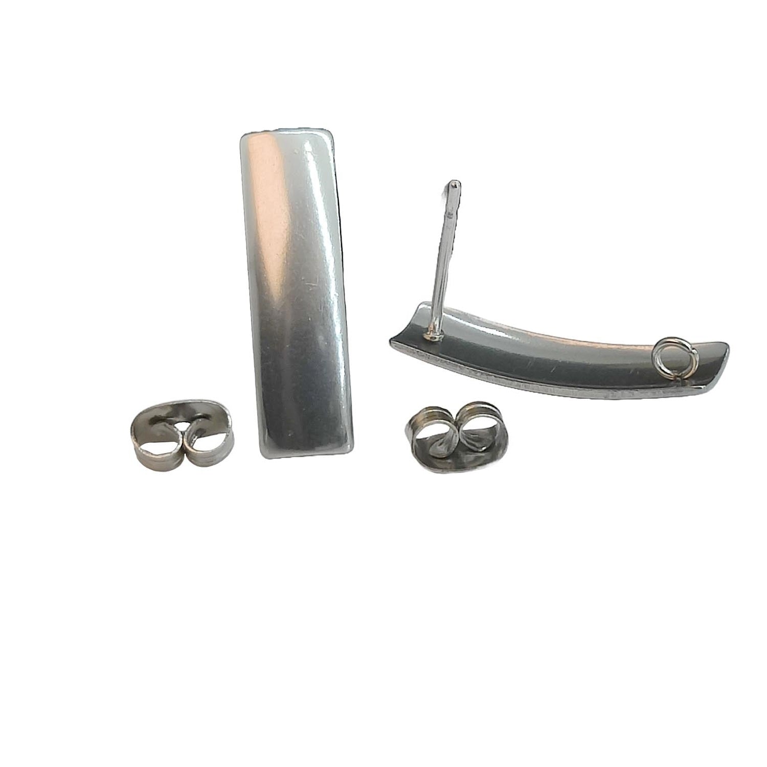 Tarnish Resistant 304-Stainless Steel Earring Studs Bases With Stoppers (4 Pieces) 20x6 MM Rectangle Silver Color For Jewellery Making [ac-jwlsupp-00047-m2]