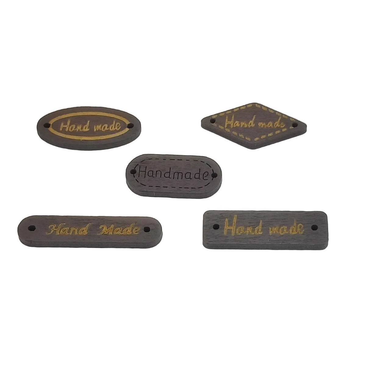 Wooden Handmade Word Printed Tags (5 PCs, 25-35 MM, Mixed Shapes) For embossing knitting sewing patchwork labelling bags wallets clothing accessories
