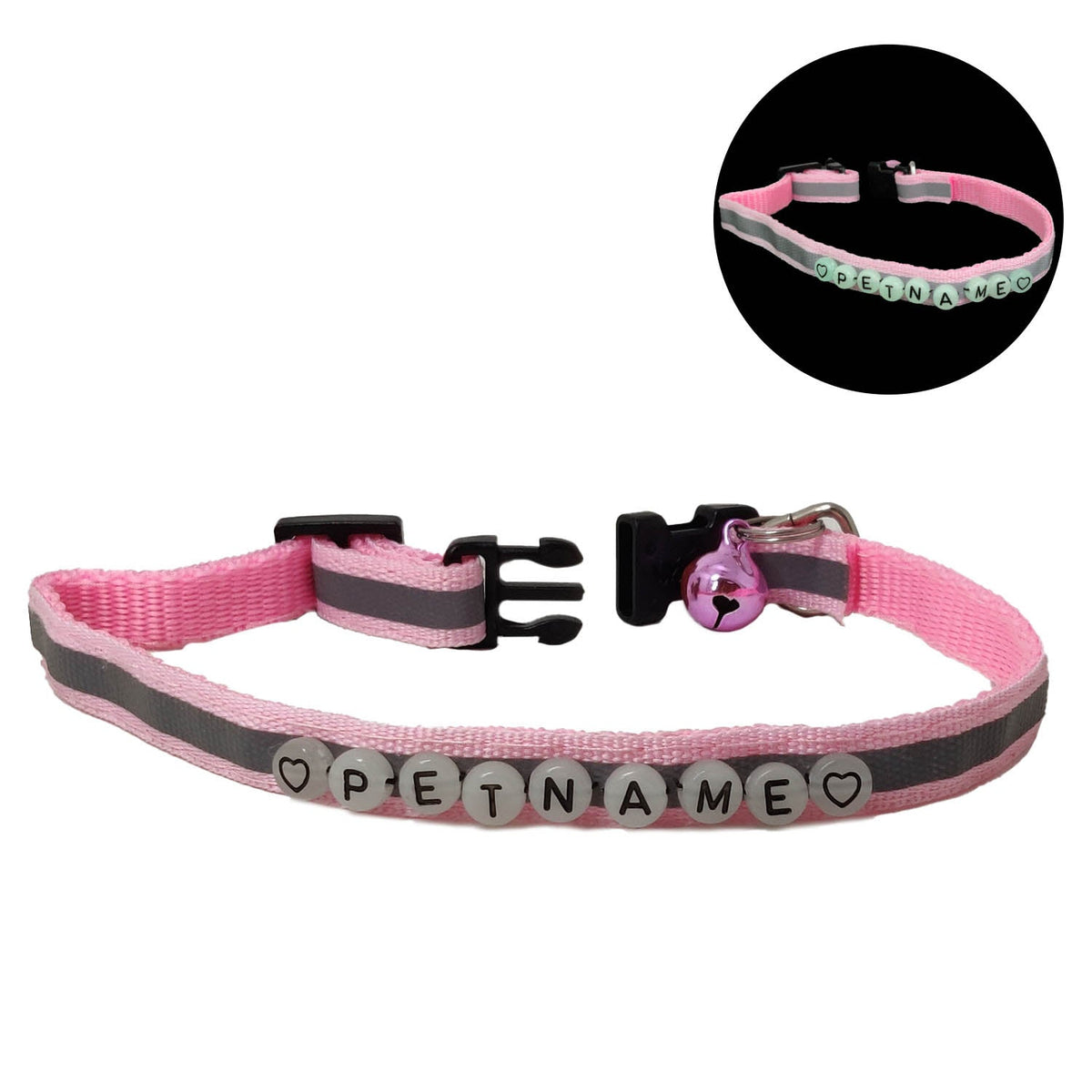 Name Personalized Adjustable Polyester Reflective Pet Dog Cat Collar 8 Inch [Neck Dia 7.5 to 12 Inch] Pink (Pack of 1)
