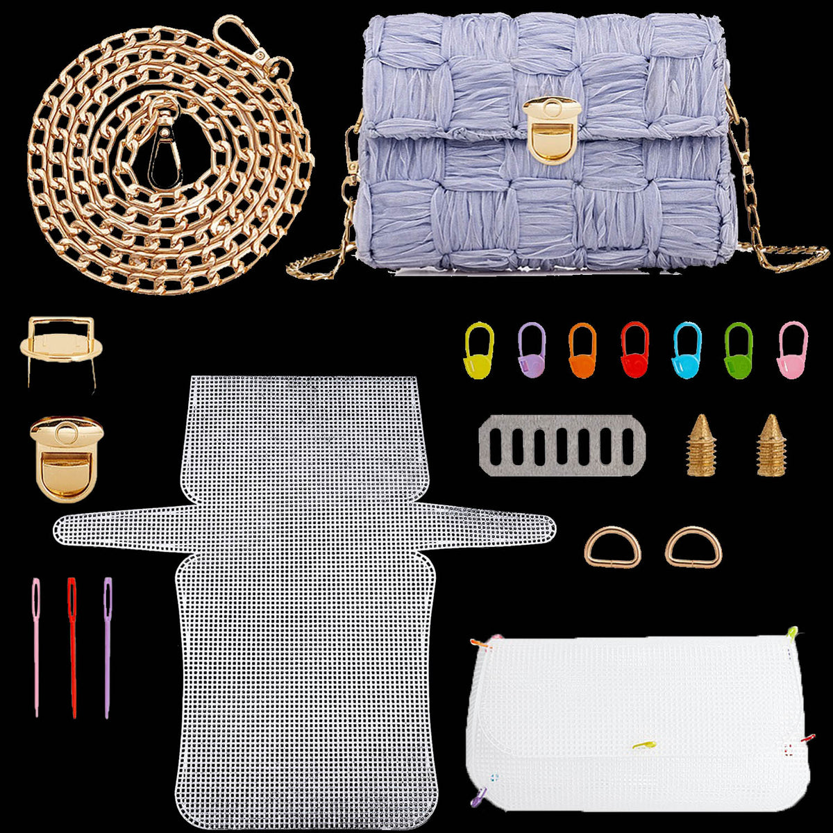 Embroidery Canvas Mesh Plastic Bag Making Kit (13x14 Inch Sheet, 2 D Rings, 1 Chain, 8 Markers, 1 Buckle, 1 Lock, 4 Needles, 2 Screws) Hole 4x4mm