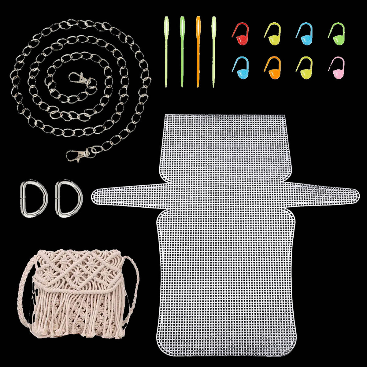 Embroidery Canvas Mesh Plastic Bag Making Kit (20x21 Inch Sheet, 2 D Rings, 1 Chain, 8 Markers, 4 Needles) Hole 2.5mm