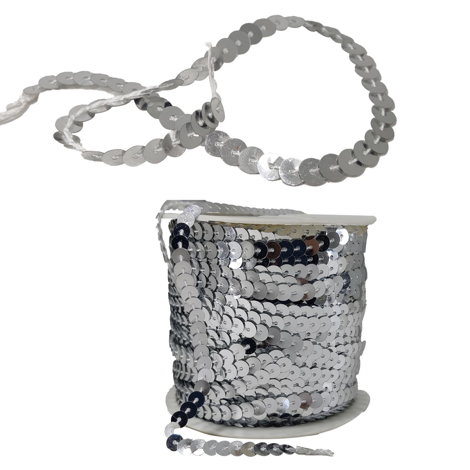 Sequins Chain Rolls (10 Meters) Silver Color 6 MM Round Paillettes For Sewing Accessories Garment Ornament Decorative Embellishments [ac-sewsupp-00010-m13]