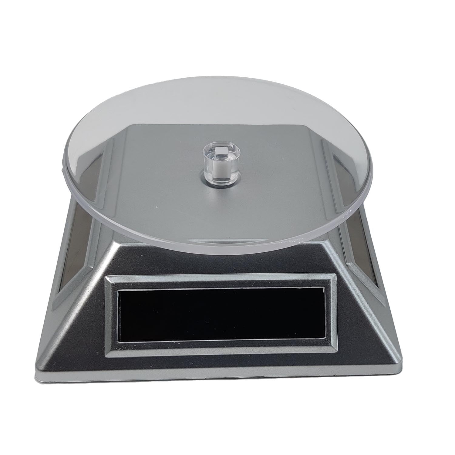 Solar & Battery Power 360 Degree Rotating Display Stands (1 PC) Silver Color 4x2 Inch Plate Dia 3.25 Inch For Watches Jewellery Bracelets Rings Phones [jefs-dispcrdtool-00175-m1]