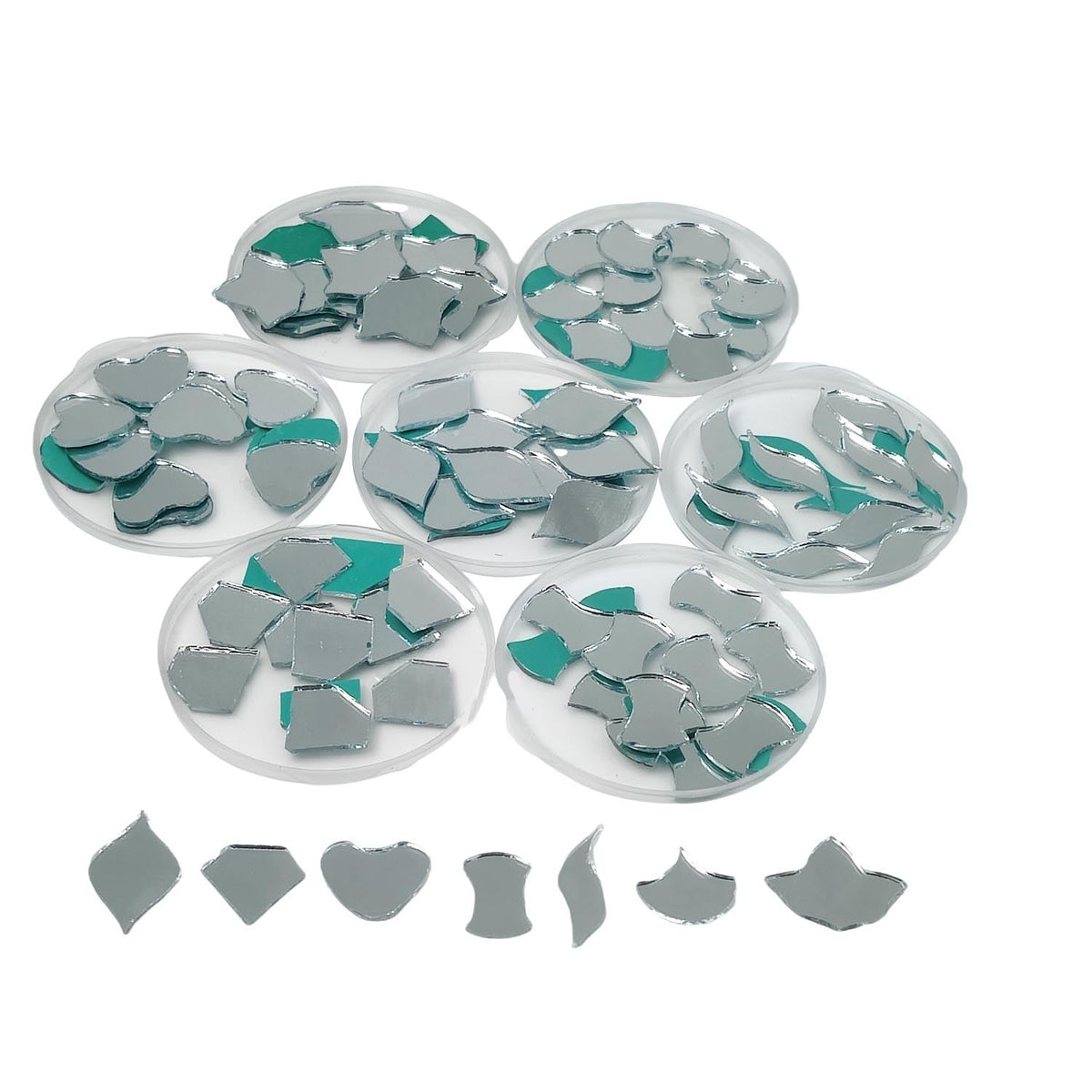 Shisha Glass Mirrors 8 to 19 MM (350 Pieces Total, 7 Shapes x 50 PCs Each ) For Sewing Embroidery Crafts Jewellery Multipurpose Transparent [jefs-embelshcabo-00124-mix2]
