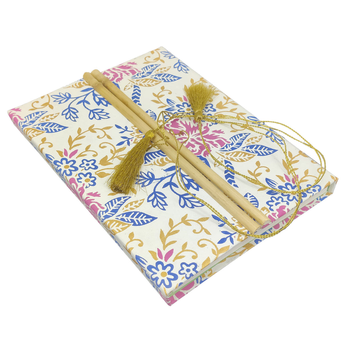 Handmade Vintage Journal Notebook (1 PC x 50 Pages) 6x8 Inch Bamboo Sticks Organic Cotton Papers Tassle Thread Lock Personal Gifts Multicolor