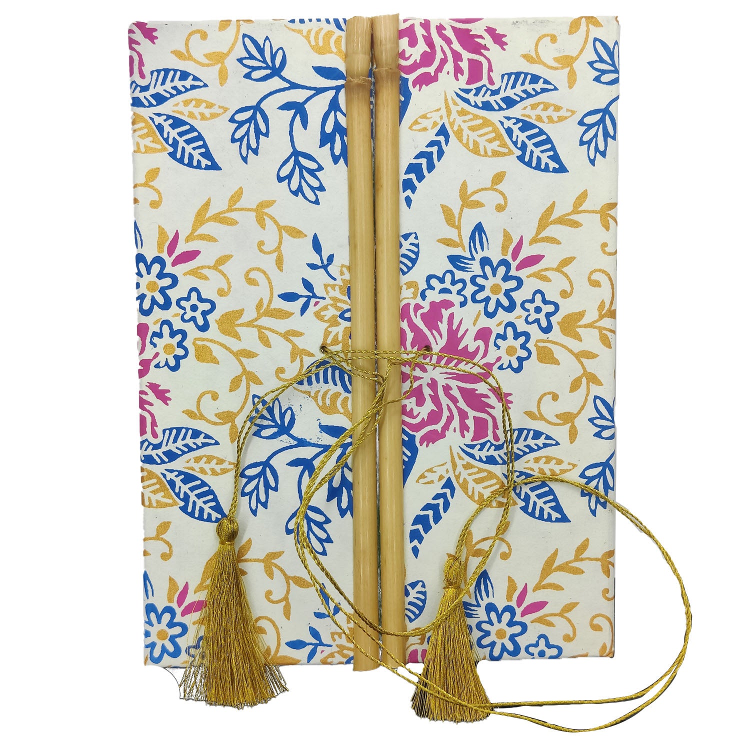 Handmade Vintage Journal Notebook (1 PC x 50 Pages) 6x8 Inch Bamboo Sticks Organic Cotton Papers Tassle Thread Lock Personal Gifts Multicolor