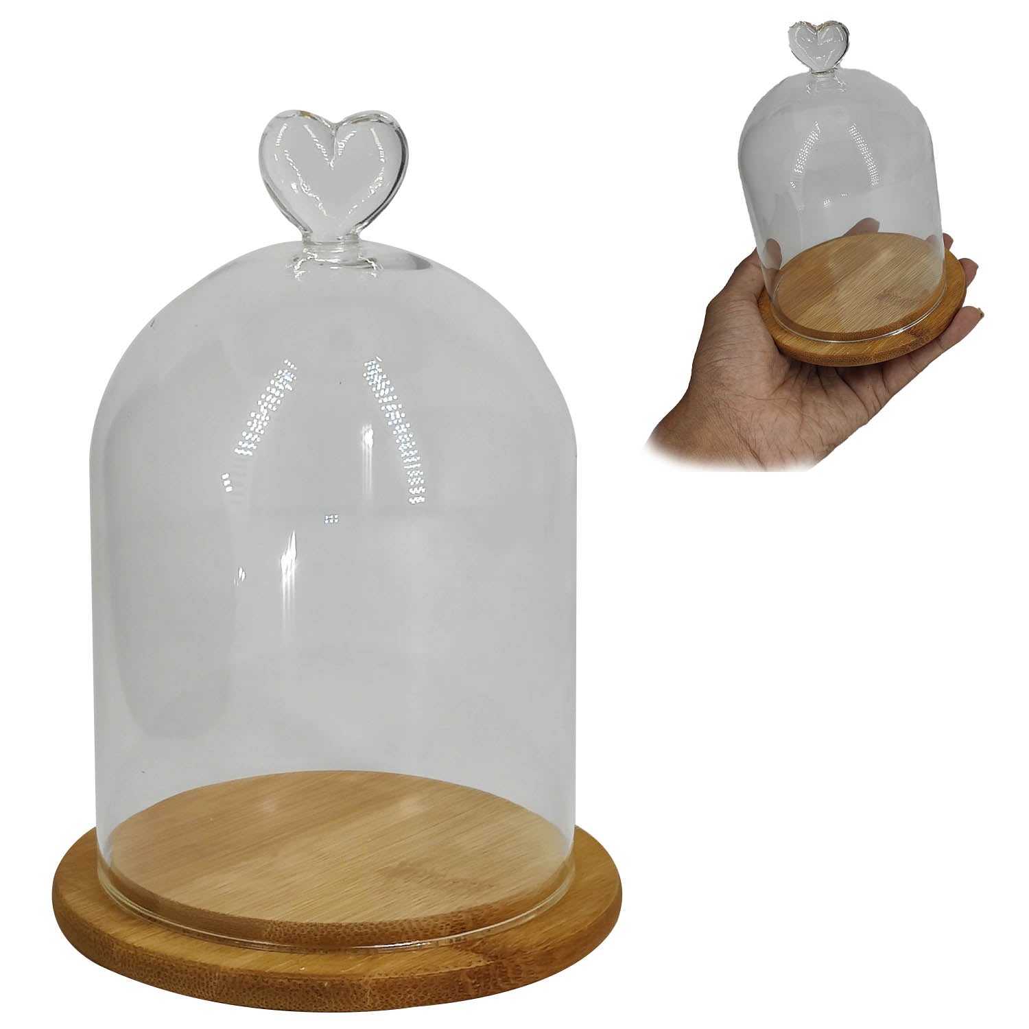 Glass Dome Cloche Cover Containers (1 Piece) 3.5x5.5 Inch Bottles Decoration Bell Jars With Wooden Heart Lid Base Food Storage Terrarium Plants [jefs-pack-boxnsupp-00120-m2]
