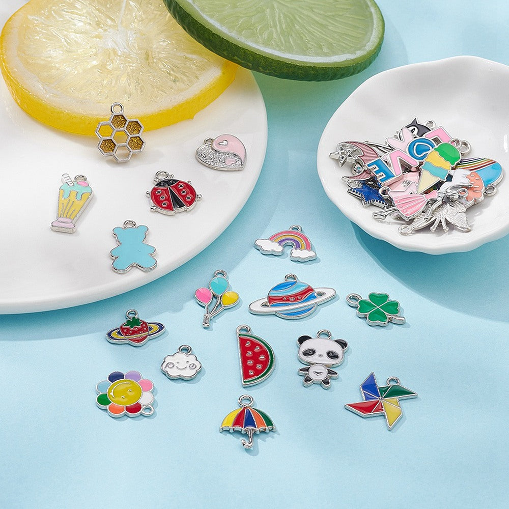 Mini Metal Alloy  Enamel Charms (30 Pieces) 12 to 30 MM Pendants Mixed Shapes Colors For Jewellery Making Decoration Crafts [jefs-pndt-gnrl-00002-m5]