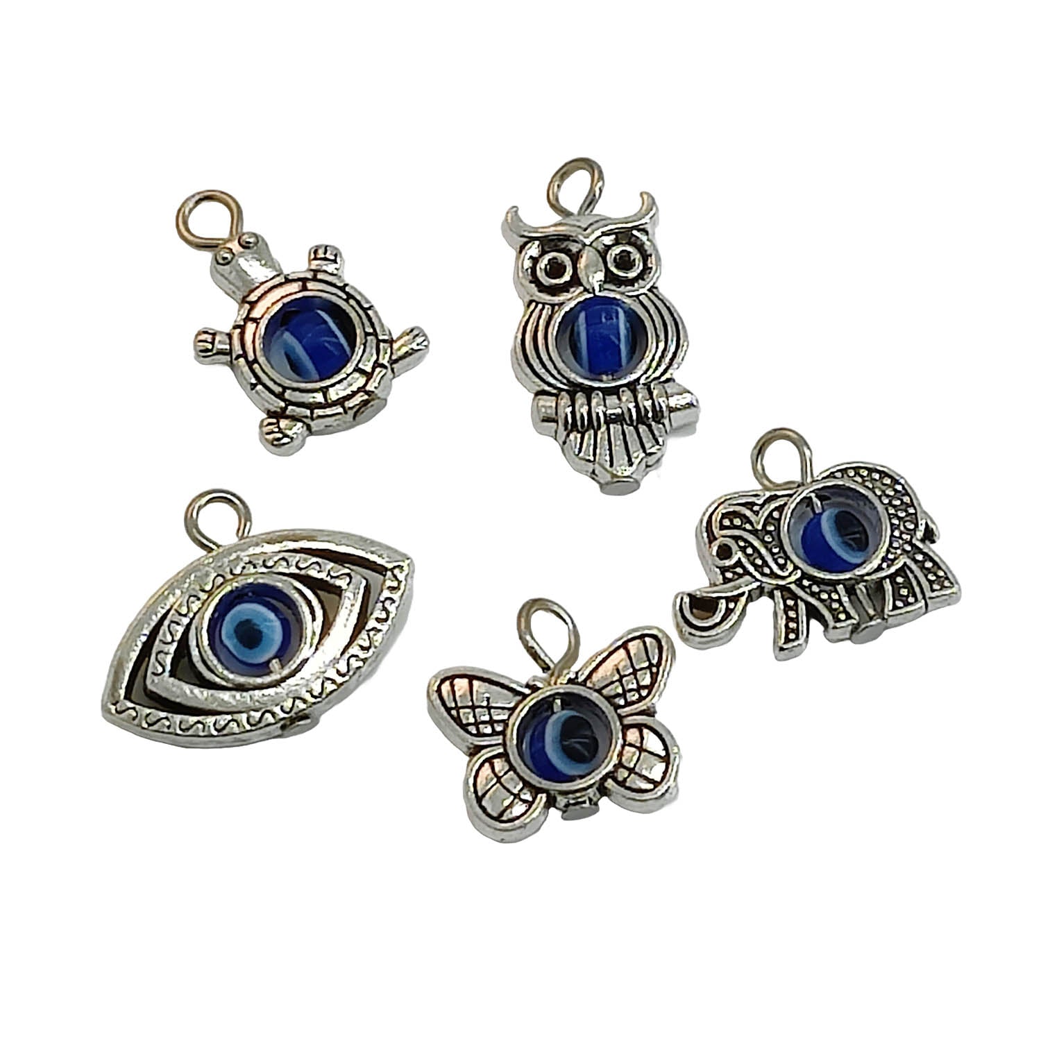Mini Pendants Evil Eye Alloy Charms 21x14x4 MM (5 Mixed Shapes) Animal Bird Antique Silver Color For DIY Bracelets Jewellery Making [jefs-pndt-gnrl-00008-m2]