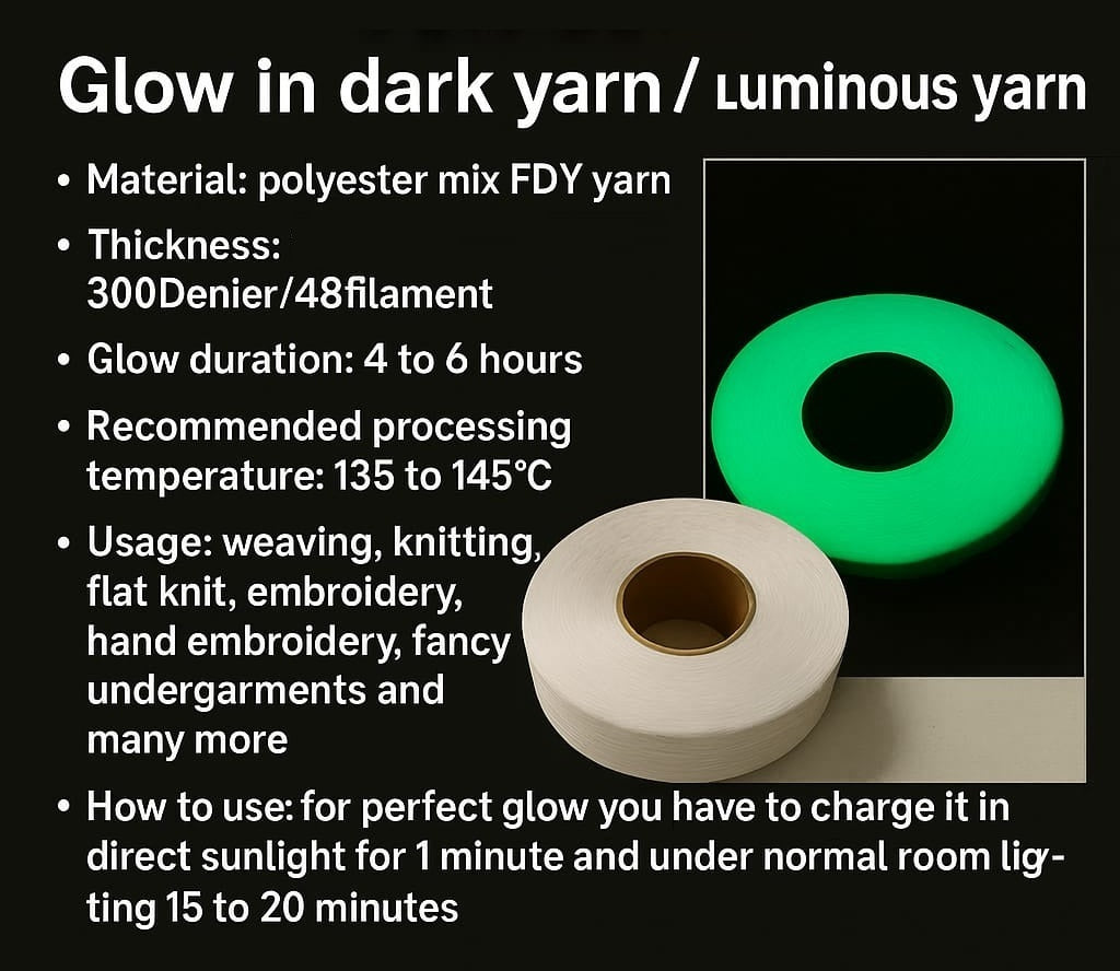 300-Denier Thick Glow In The Dark Luminous FDY Yarns (1 Roll x 100 Grams, 4300+ Meters) Polyester Mixed For Knitting, Embroidery, Garments, DIY Crafts [jefs-stringlace-00016-m1]