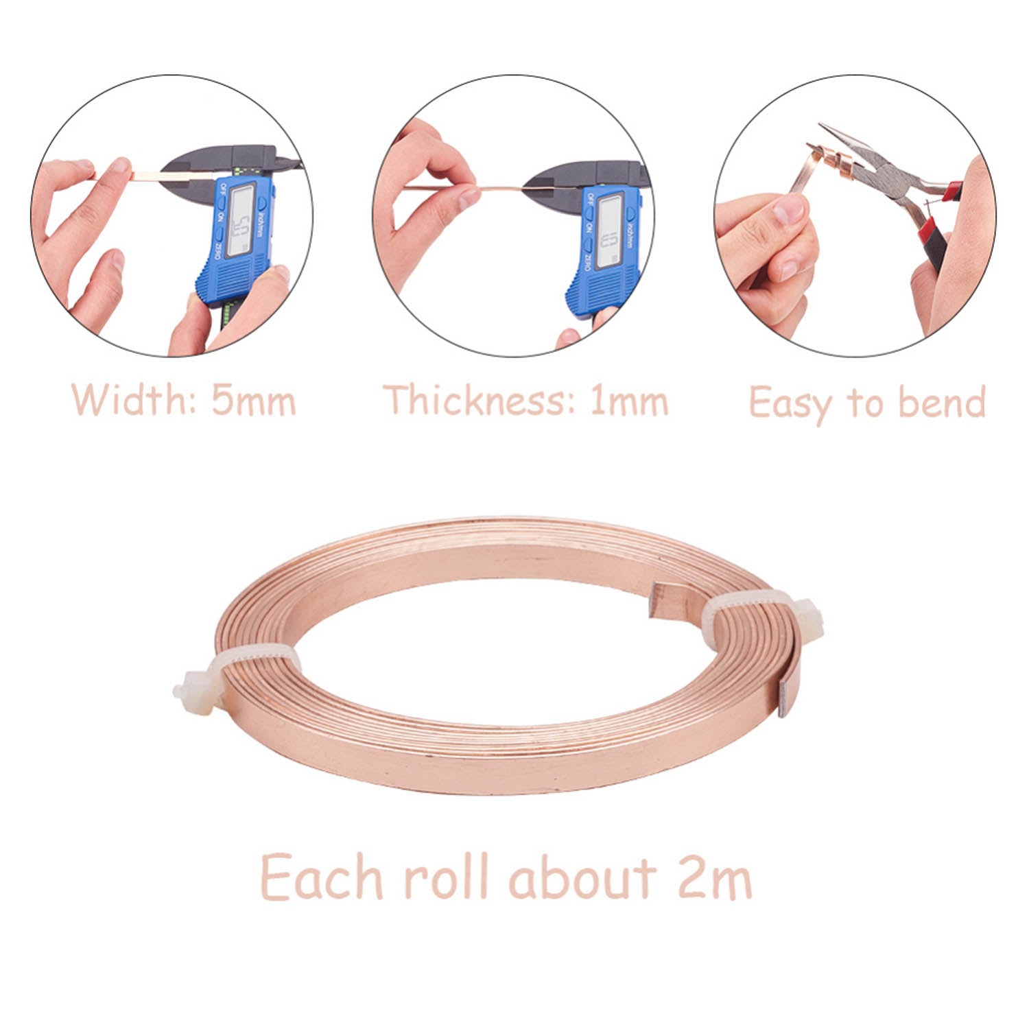 Textured Aluminium Wires 5x1 MM (1 Roll x 2 Meters) Bendable Bezel Strip Light Copper Color For Wrapped Jewellery Making DIY Crafts Arts