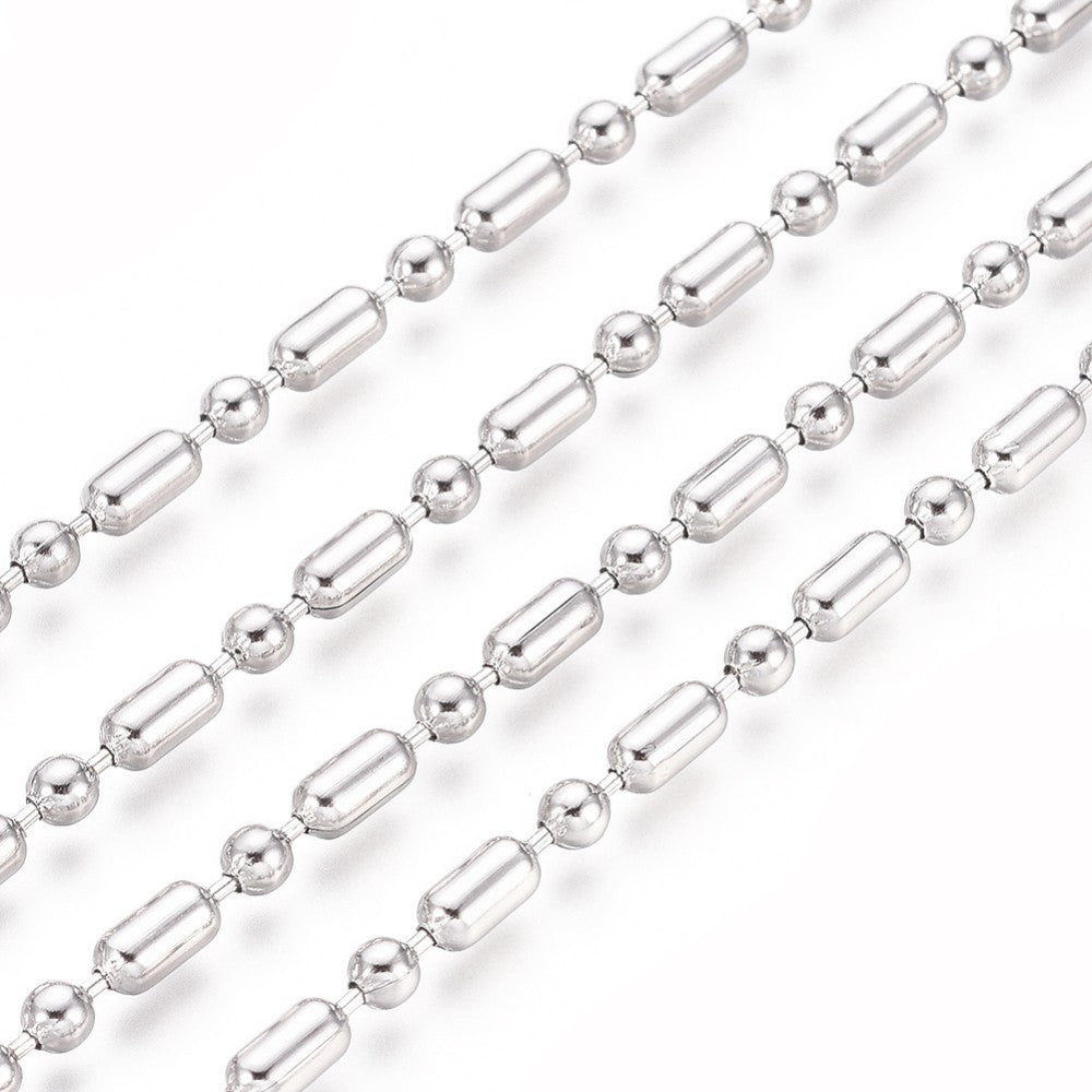 Tarnish Resistant 304 Stainless Steel Chains (1 Meter) 6x3 MM Cylinder With Ball 3 MM Silver Color For Jewellery Making