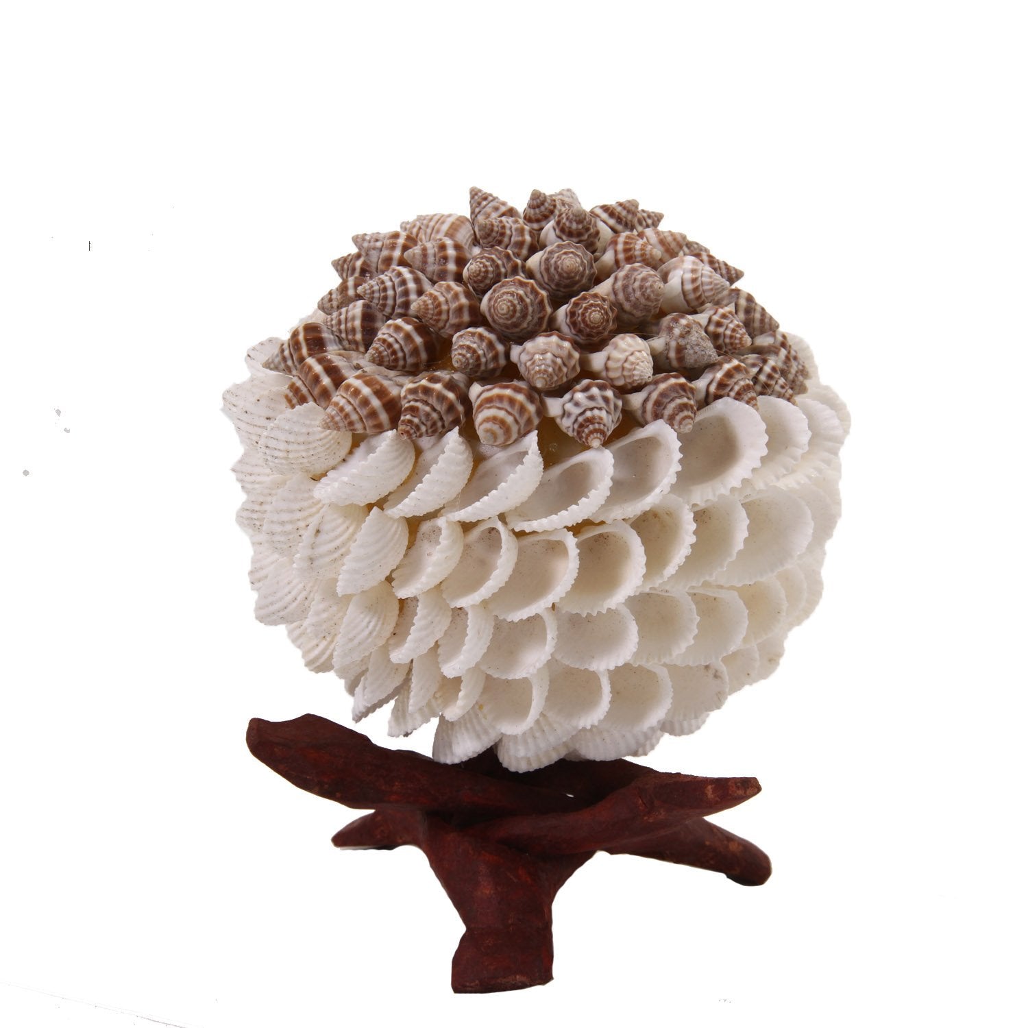 Handmade Sea Shell Crafts Ball With Stand For Decoration Aquarium Gift Memoir Round Brown & White 12 CM (1 Piece) [ac-artifctcrfts-00006-m3]