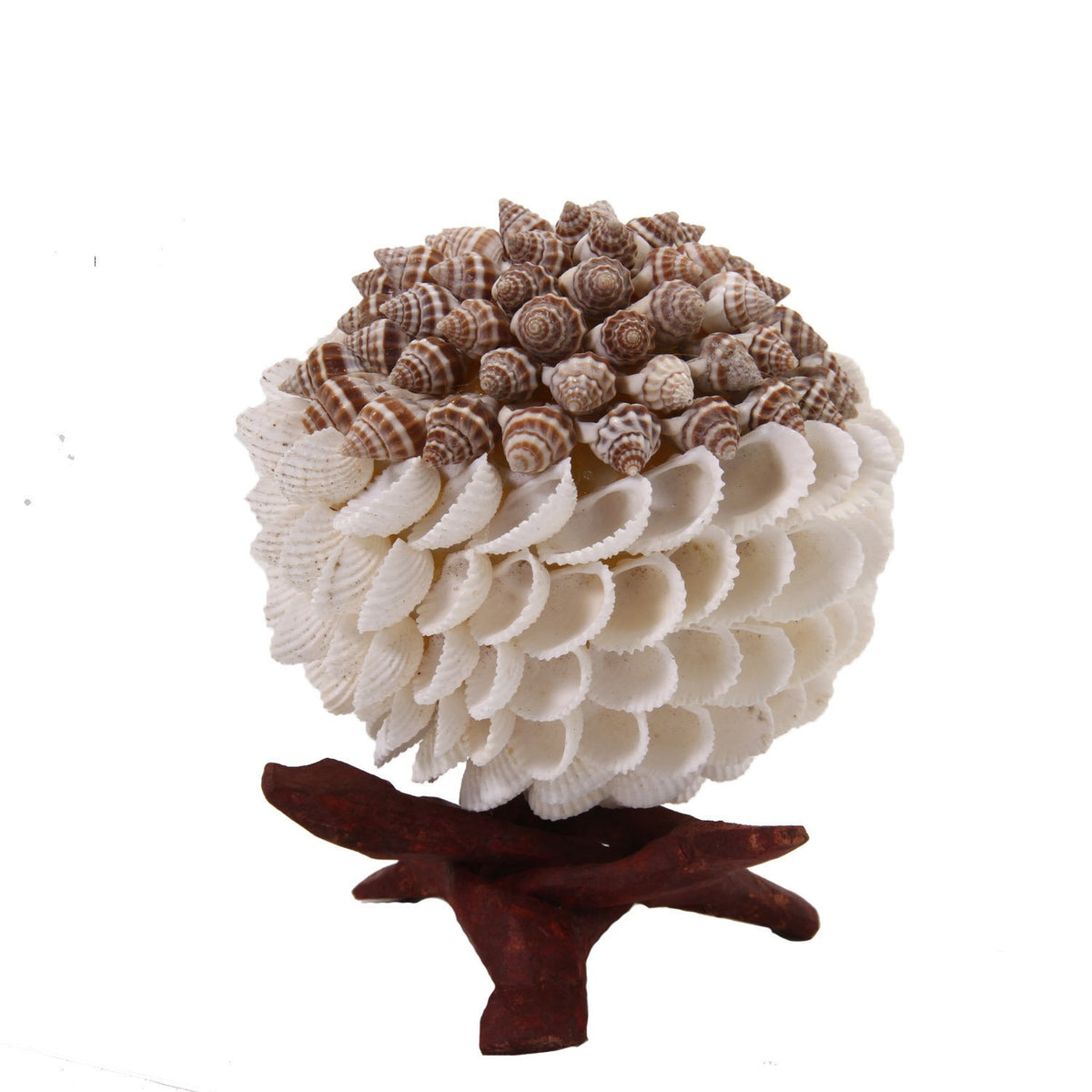 Handmade Sea Shell Crafts Ball With Stand For Decoration Aquarium Gift Memoir Round Brown & White 12 CM (1 Piece) [ac-artifctcrfts-00006-m3]