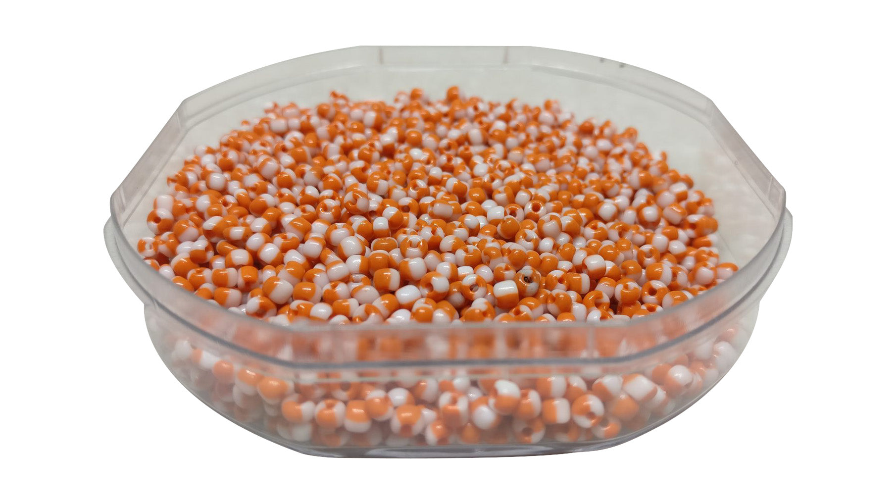 Striped Opaque 8/0 Glass Seed Beads 2.5x2 MM (800 Beads, 25 Grams Wt) Non-Uniform Round Hole 0.8 MM White & Orange For Jewellery Making [ac-bds-00120-m13]