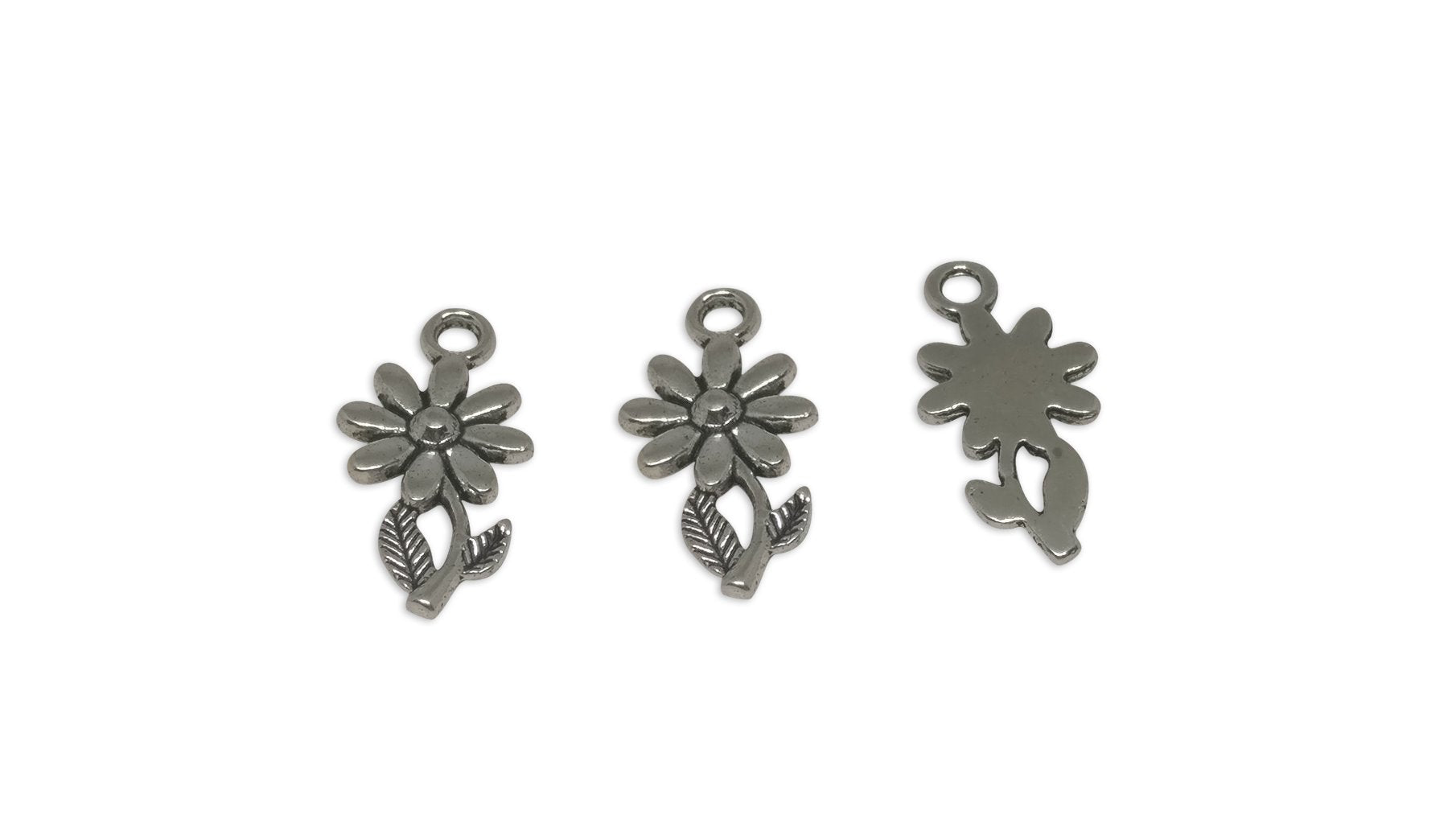 Jewelry Mini Pendant Alloy Craft Charms 19x10x2xmm Flower With Leaf Antique Silver Color (Pack of 10 pieces) [ac-charm-00001-m75]