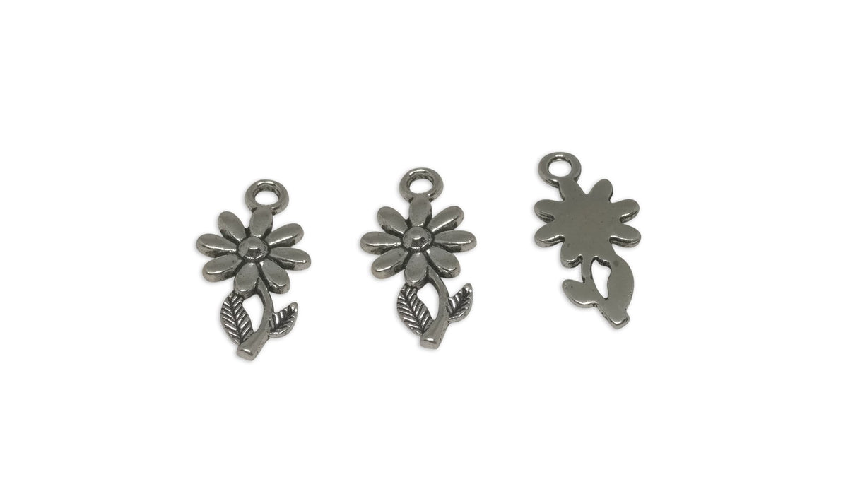 Jewelry Mini Pendant Alloy Craft Charms 19x10x2xmm Flower With Leaf Antique Silver Color (Pack of 10 pieces) [ac-charm-00001-m75]