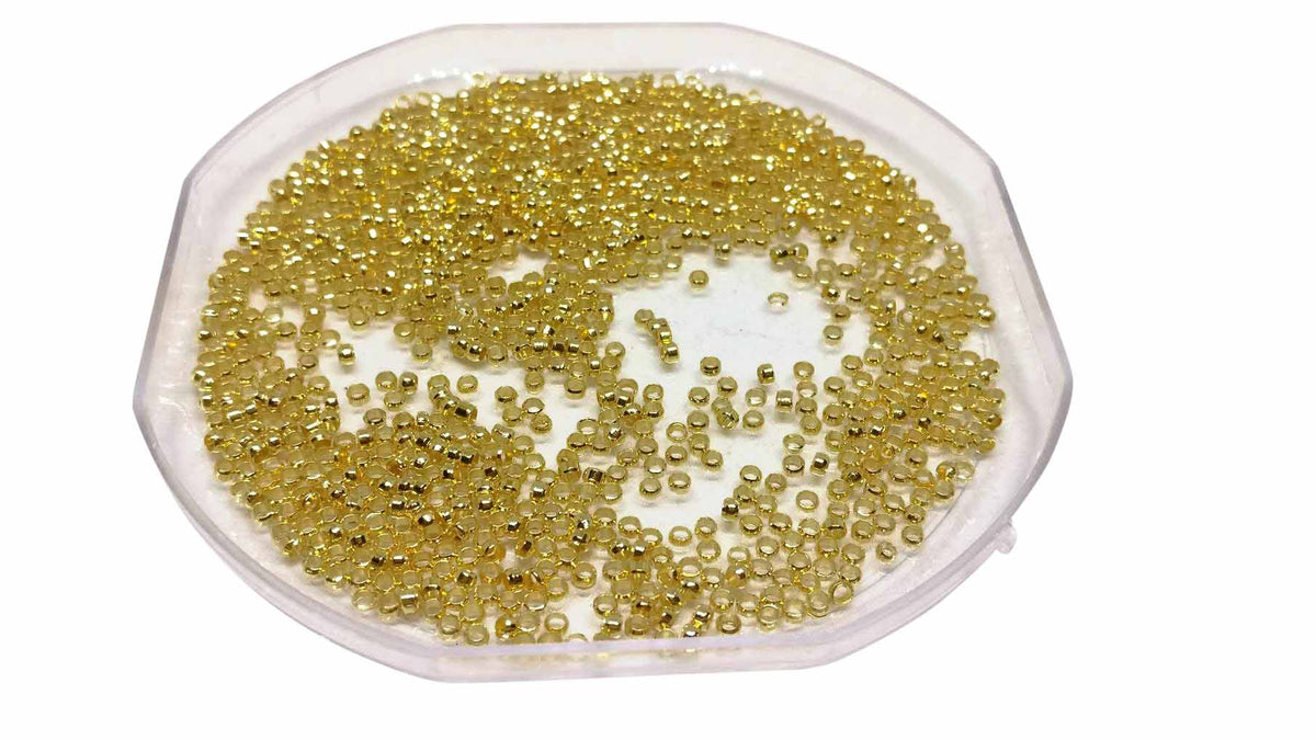 Metal Brass Crimp Beads Gear Locks 2x1.2 mm (Pack of 5 Grams, 400+ Pieces) Hole 1 mm Gold Color For Jewellery Making [ac-jwlsupp-00010-m3]