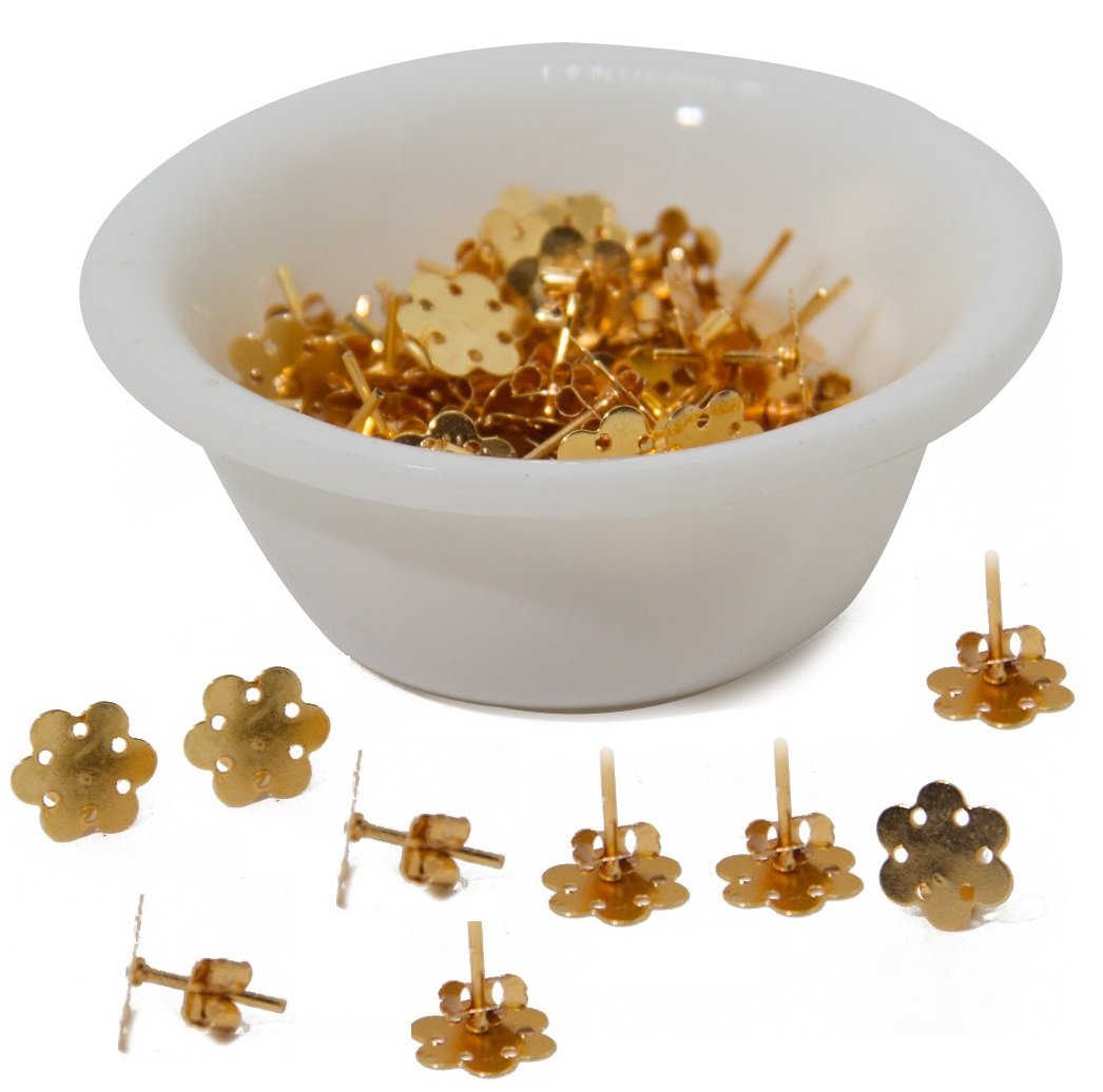 Jewellery Earring Making Stud Base (Pack of 34 Pieces) 11 MM Flat Round Flower Gold Color [10 Gm Wt] For Jewellery Making [ac-jwlsupp-00035-m3]