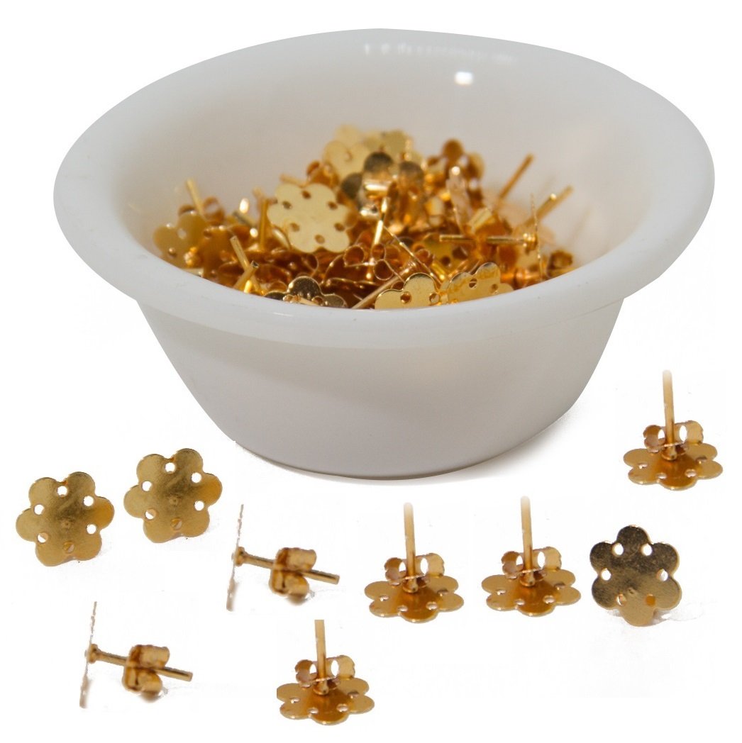 Jewellery Earring Making Stud Base (Pack of 40 Pieces) 9.5 MM Flat Round Flower Gold Color [10 Gm Wt] For Jewellery Making [ac-jwlsupp-00035-m6]