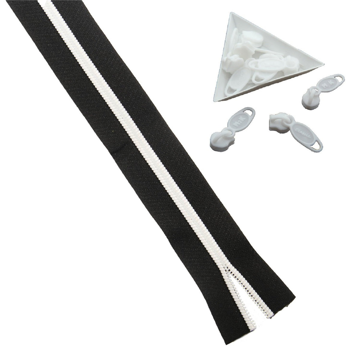Black With White Nylon Sewing Zippers 2 Meters of Size 1.38 Inch No:5 / 35 MM and 10 Pieces White Zip Pulls Runners Fasteners For Bags And Accessories [ac-sewsupp-00004-combo14]
