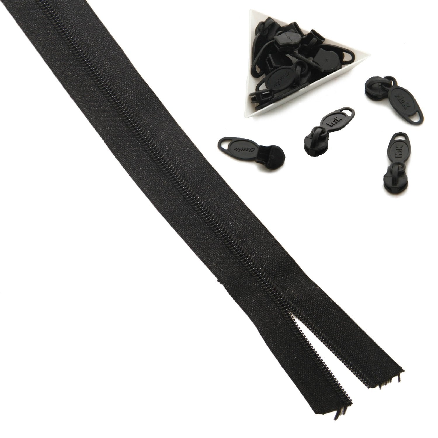 Black Nylon Sewing Zippers (2 Meters) Size 1.38 Inch No:5 / 35 MM and 10 Pieces Black Zip Pulls Runners Fasteners For Making Bags [ac-sewsupp-00004-combo3]