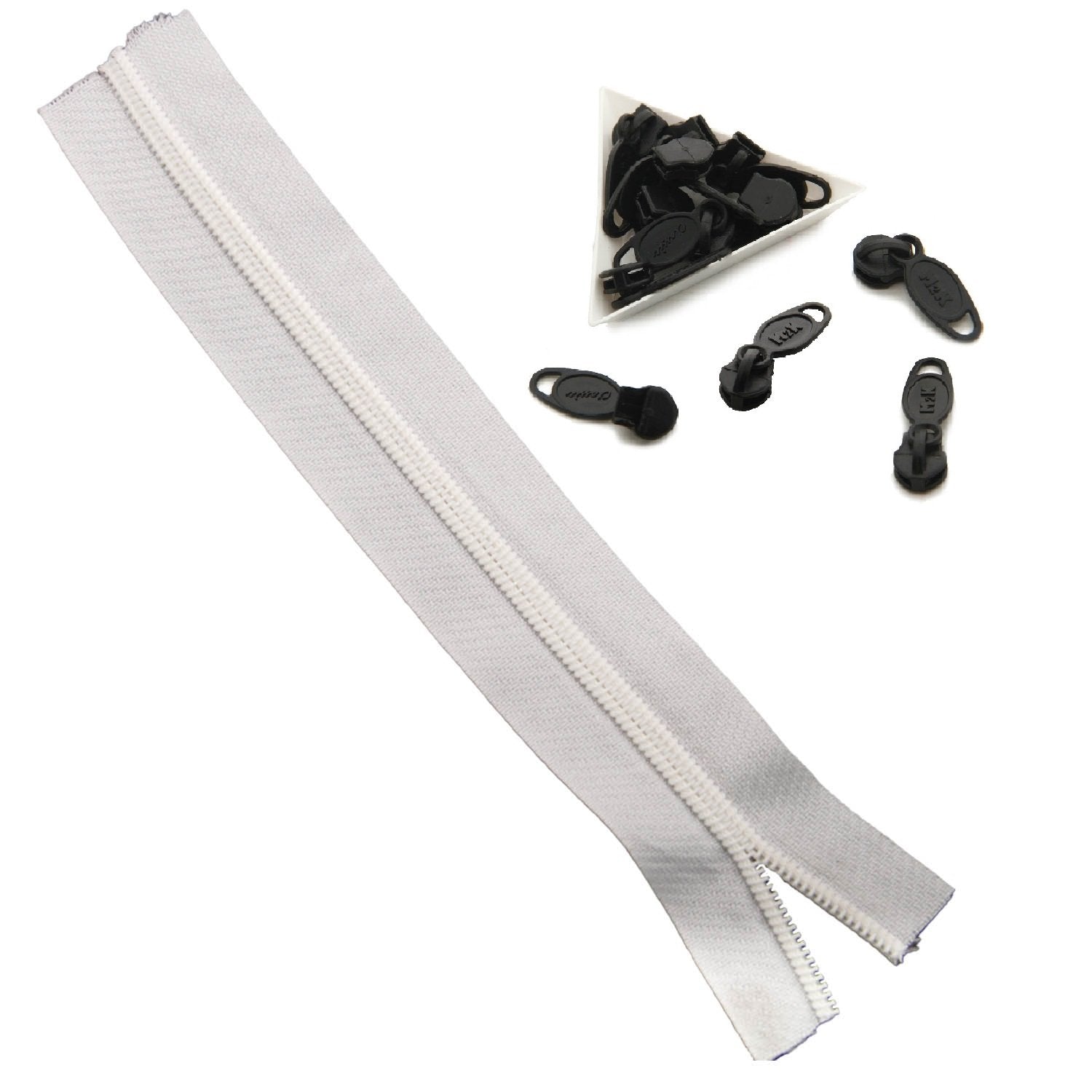 White Nylon Sewing Zippers (2 Meters) Size 1.38 Inch No:5 / 35 MM and 10 Pieces Black Zip Pulls Runners Fasteners For Making Bags [ac-sewsupp-00004-combo5]